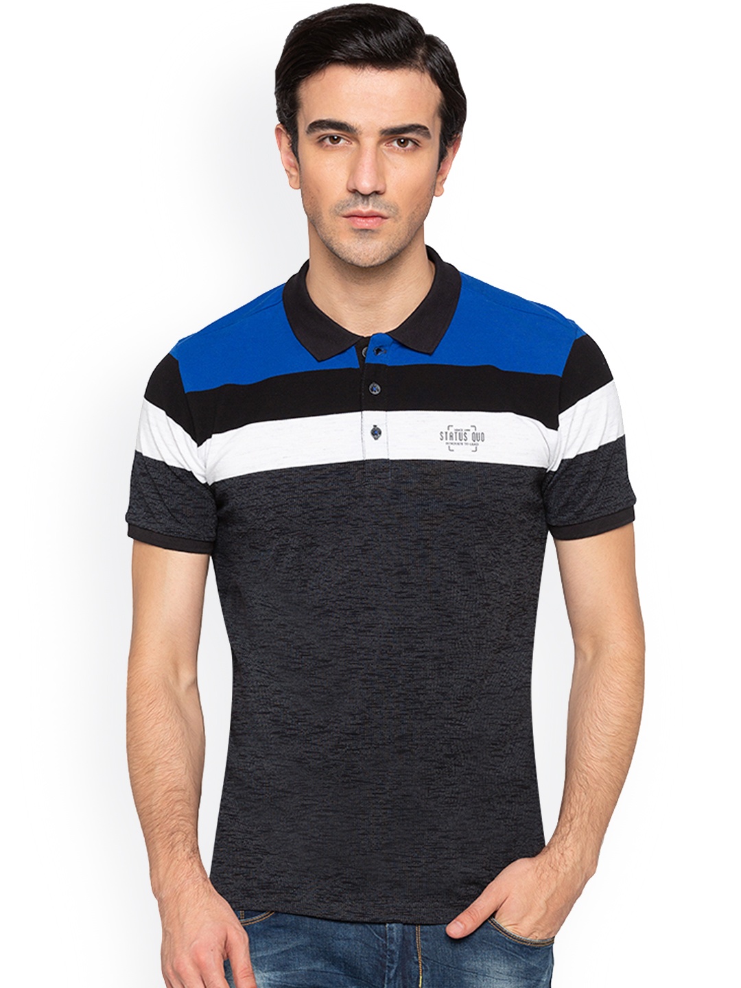 

Status Quo Men Black Striped Polo Collar Pure Cotton T-shirt