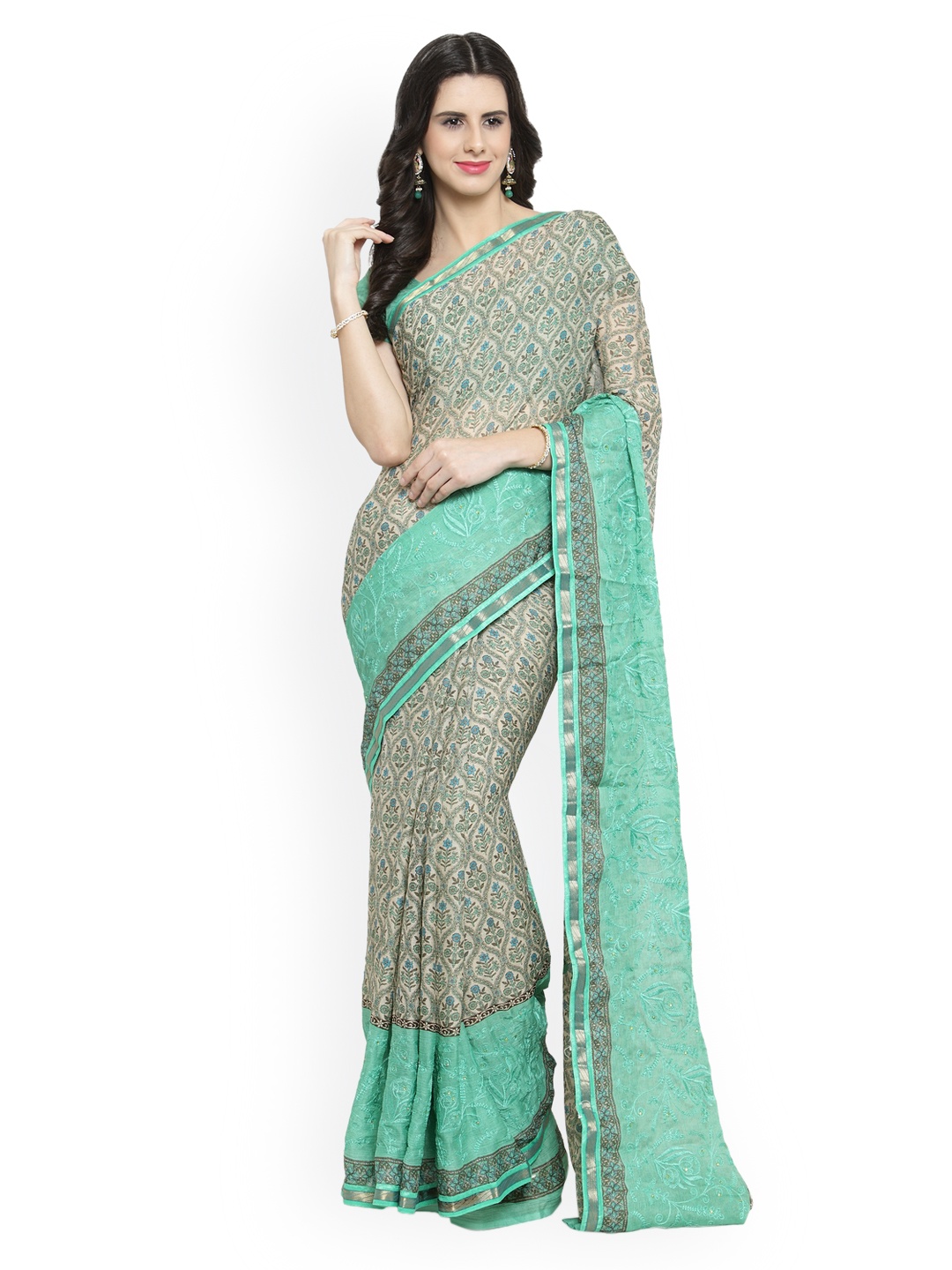 Shaily Green Printed Pure Chiffon Saree