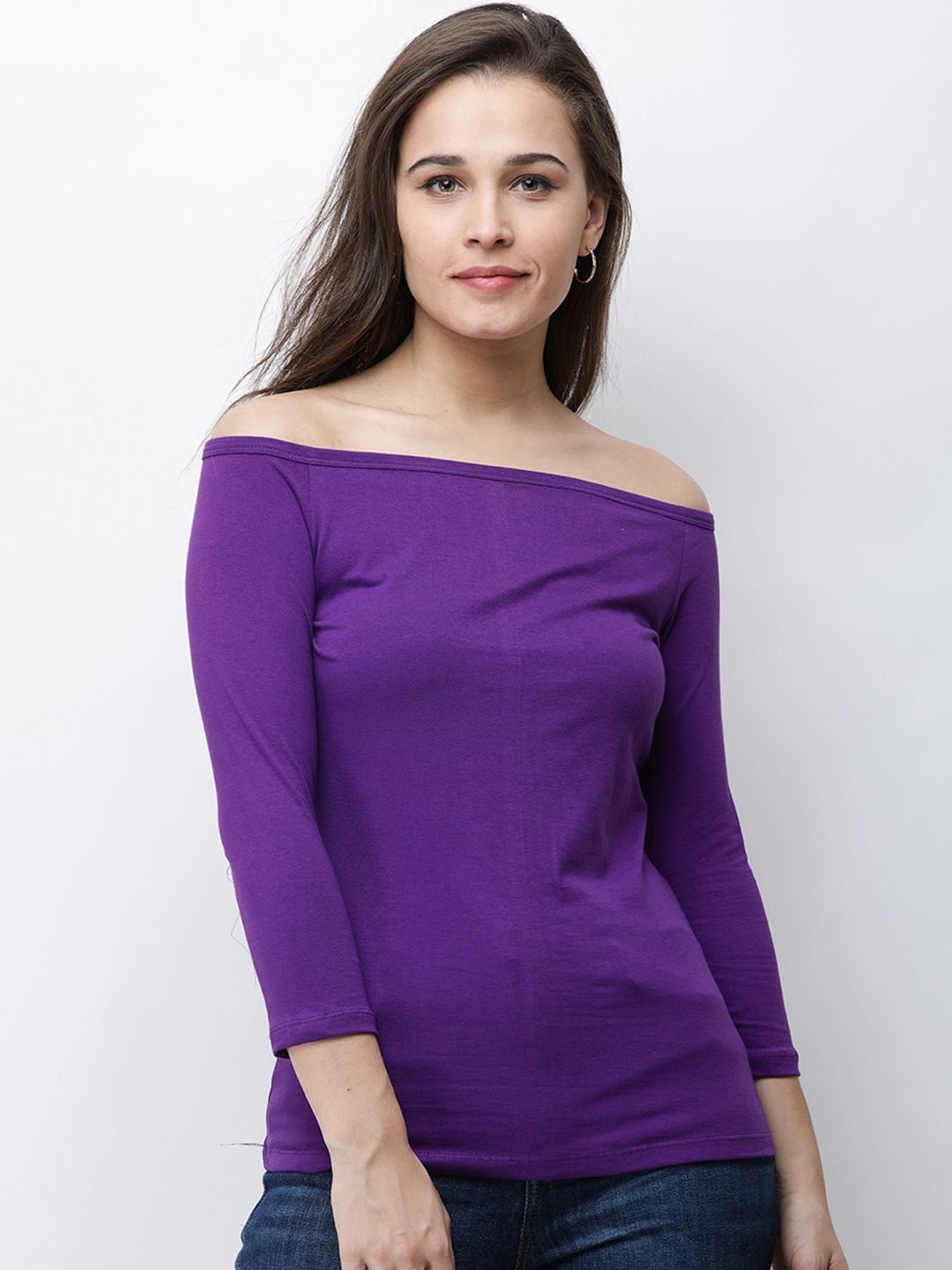 Cation Women Purple Solid Bardot Top