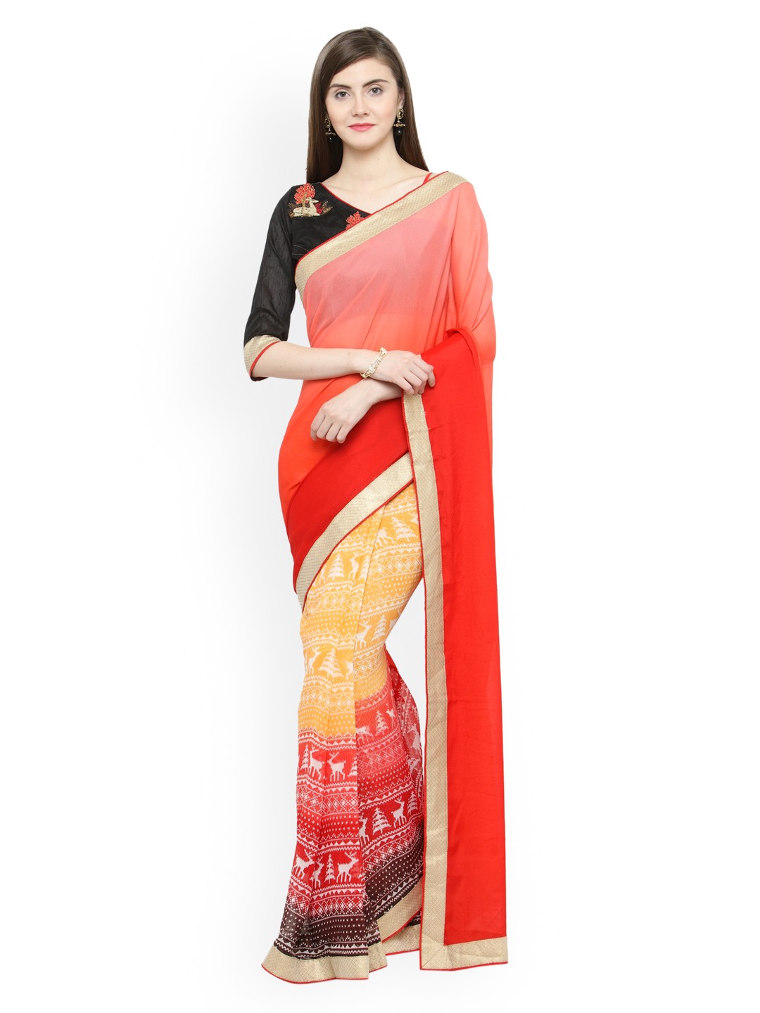 

Shaily Peach-Coloured & Orange Pure Georgette Printed Saree