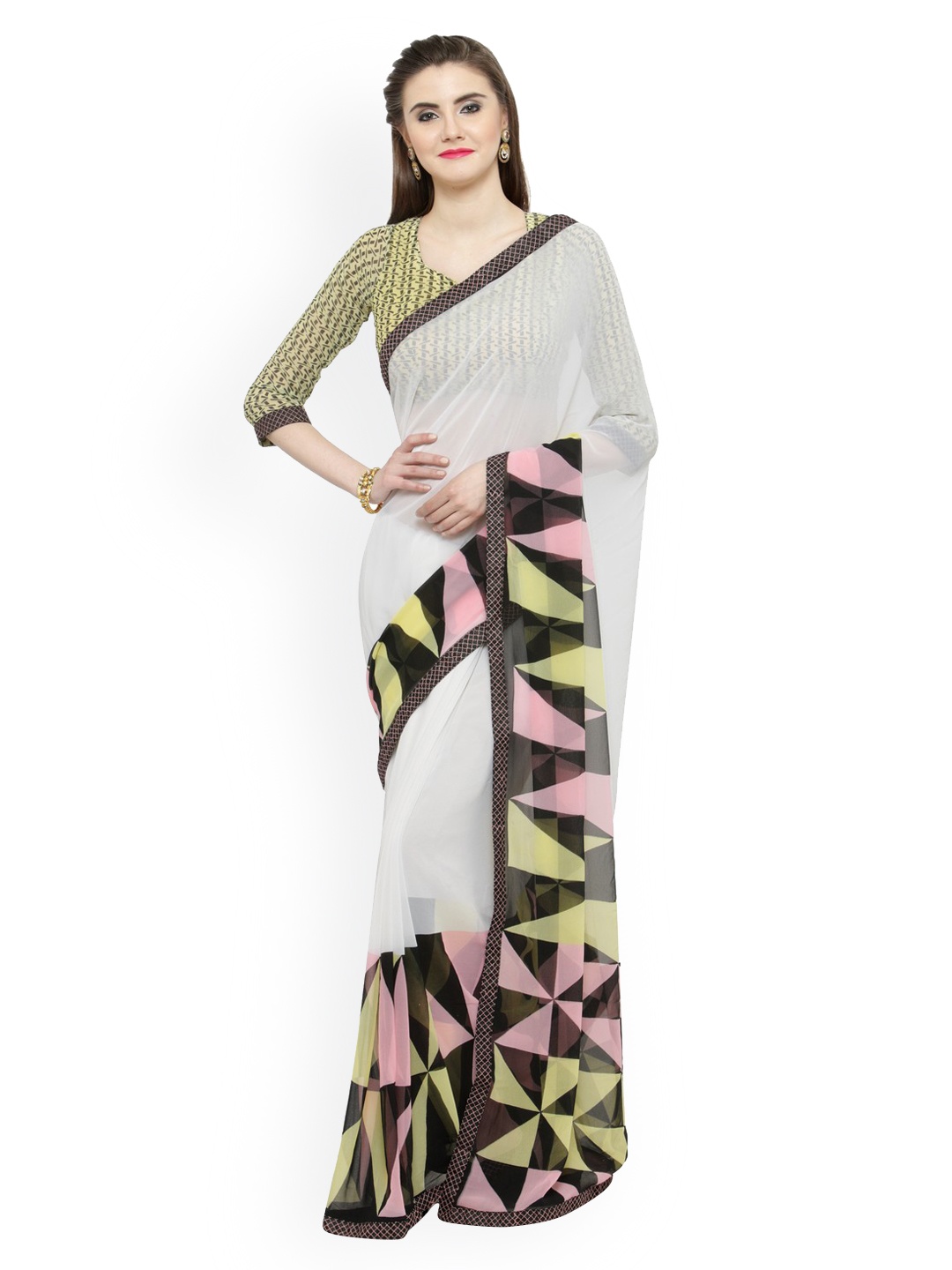 

Shaily Off-White & Yellow Pure Georgette Printed Saree