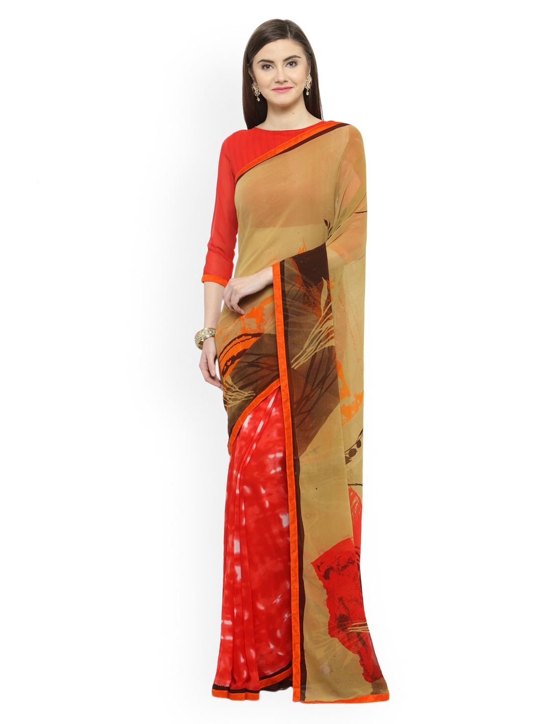 

Shaily Beige & Red Pure Georgette Printed Saree