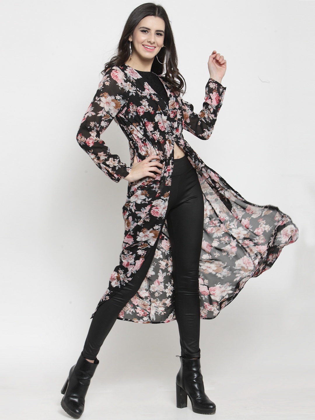 

Sera Black & Pink Printed Open Front Shrug