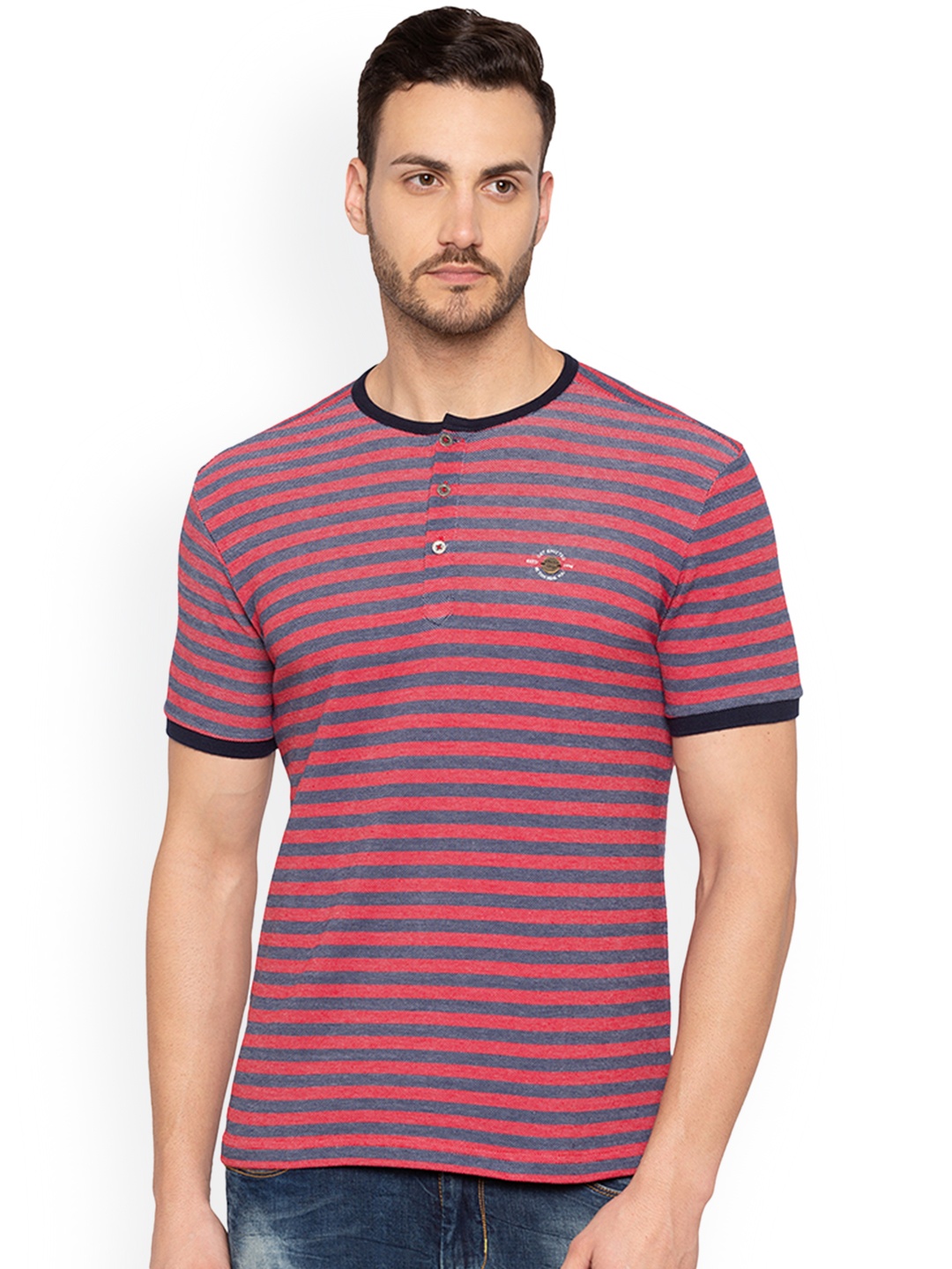 

Status Quo Men Red Blue Striped Henley Neck Pure Cotton T-shirt