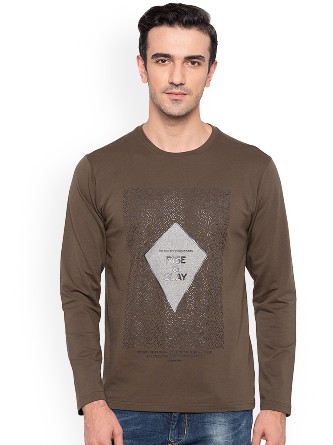 

Status Quo Men Olive Green Printed Round Neck Pure Cotton T-shirt