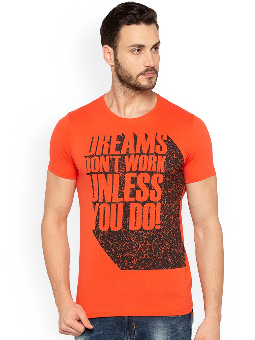 

Status Quo Men Orange Printed Round Neck Slim Fit Pure Cotton T-shirt