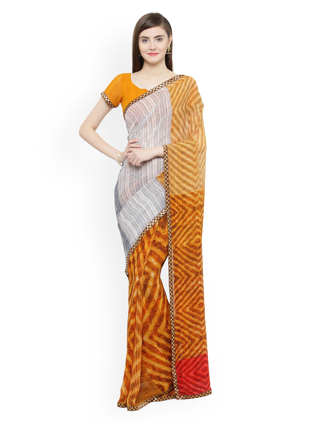 

Shaily Orange & Brown Pure Georgette Printed Saree