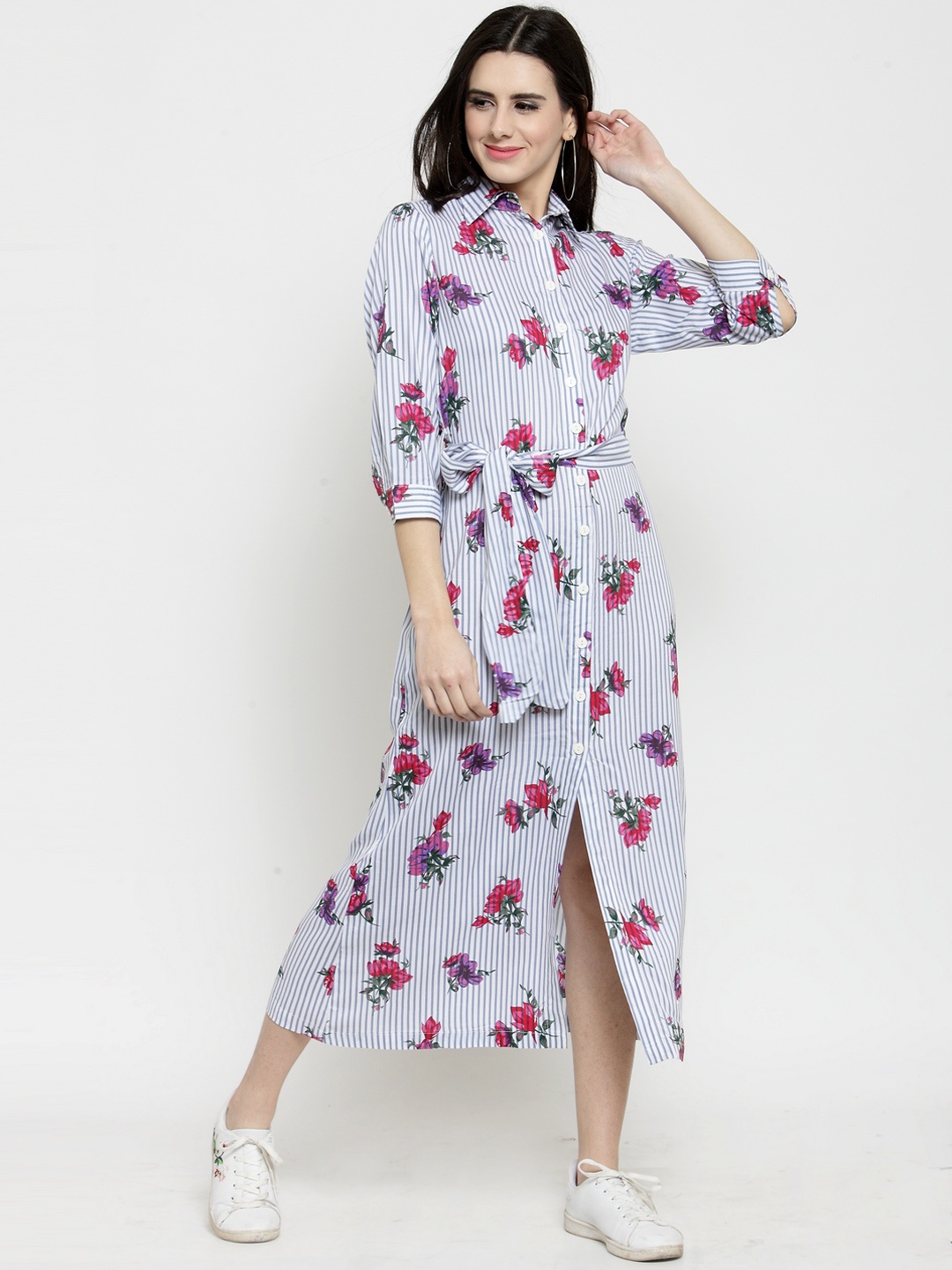 

Sera Women White & Blue Printed Cuffed Sleeves Shirt Dress