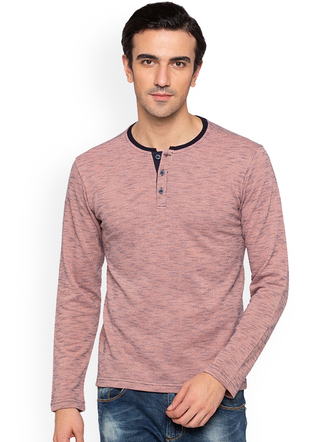 

Status Quo Men Peach-Coloured Solid Henley Neck Pure Cotton T-shirt