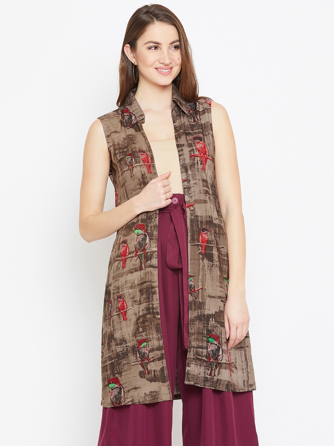 

Bitterlime Brown Printed Open Front Fusion Shrug
