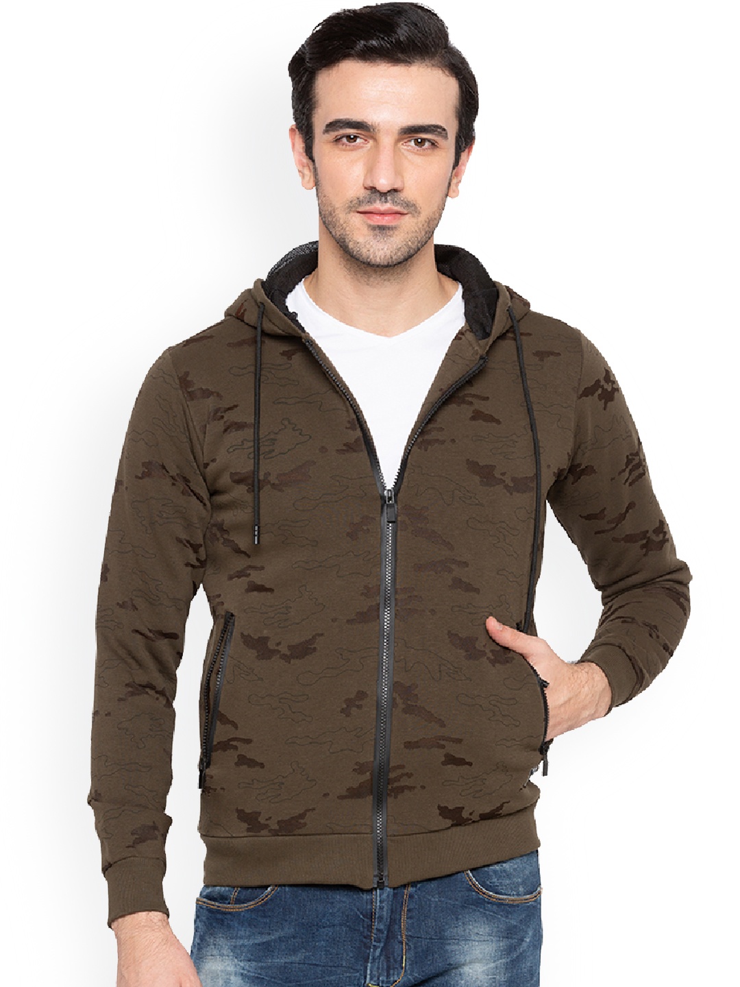 

Status Quo Men Olive Green Printed Hooded Sweatshirt