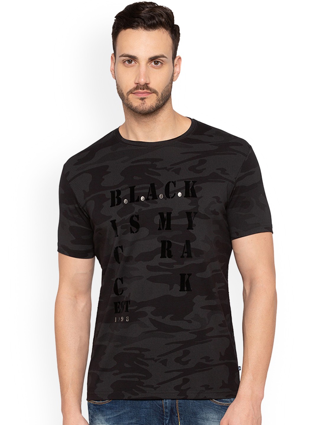 

Status Quo Men Black Printed Round Neck Pure Cotton T-shirt