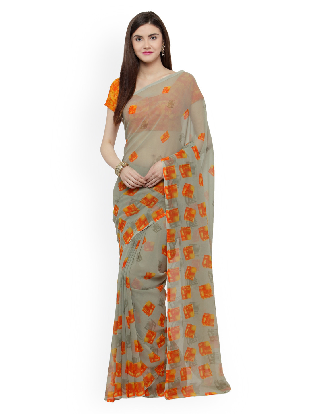

Shaily Orange & Grey Pure Georgette Printed Saree