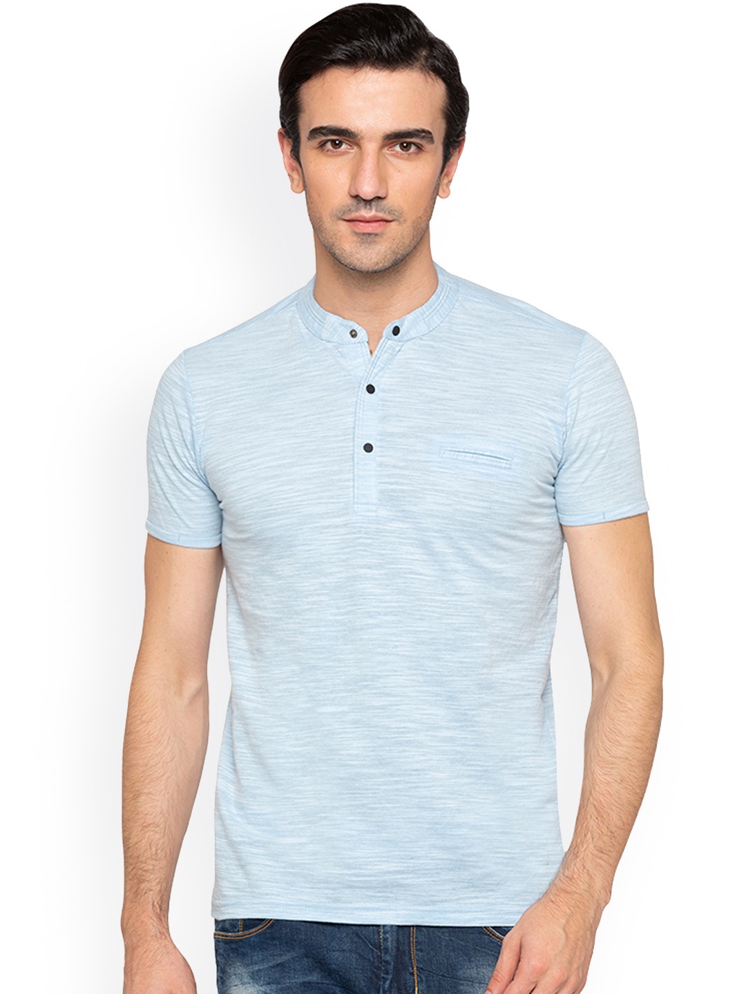 

Status Quo Men Blue Solid Henley Neck Pure Cotton T-shirt