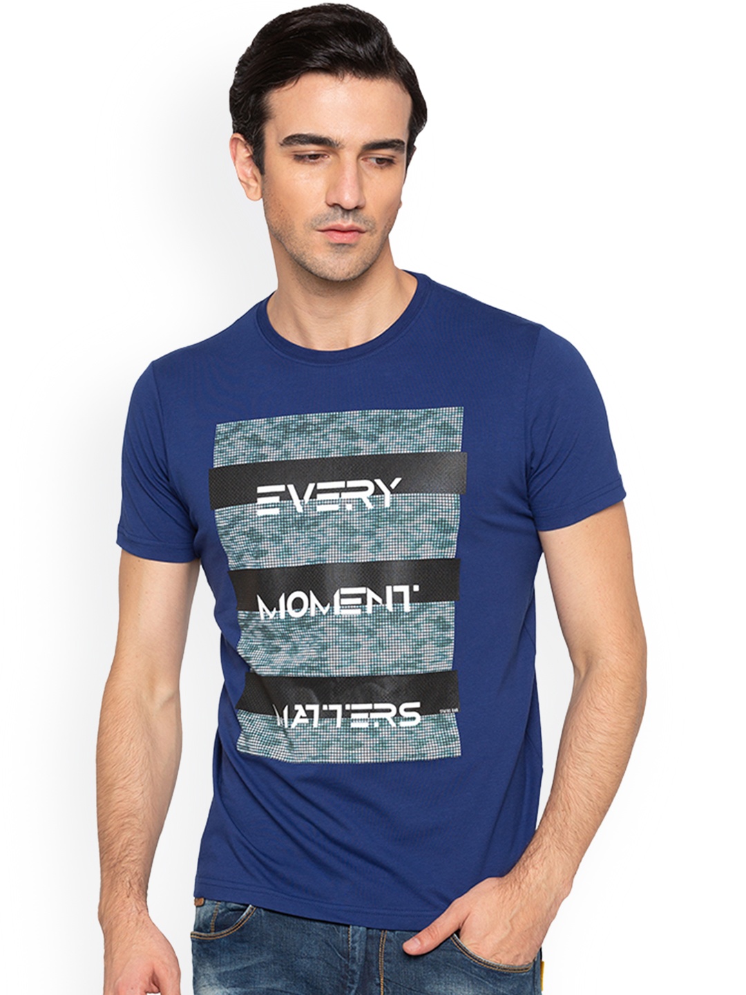 

Status Quo Men Navy Blue Printed Round Neck Pure Cotton T-shirt
