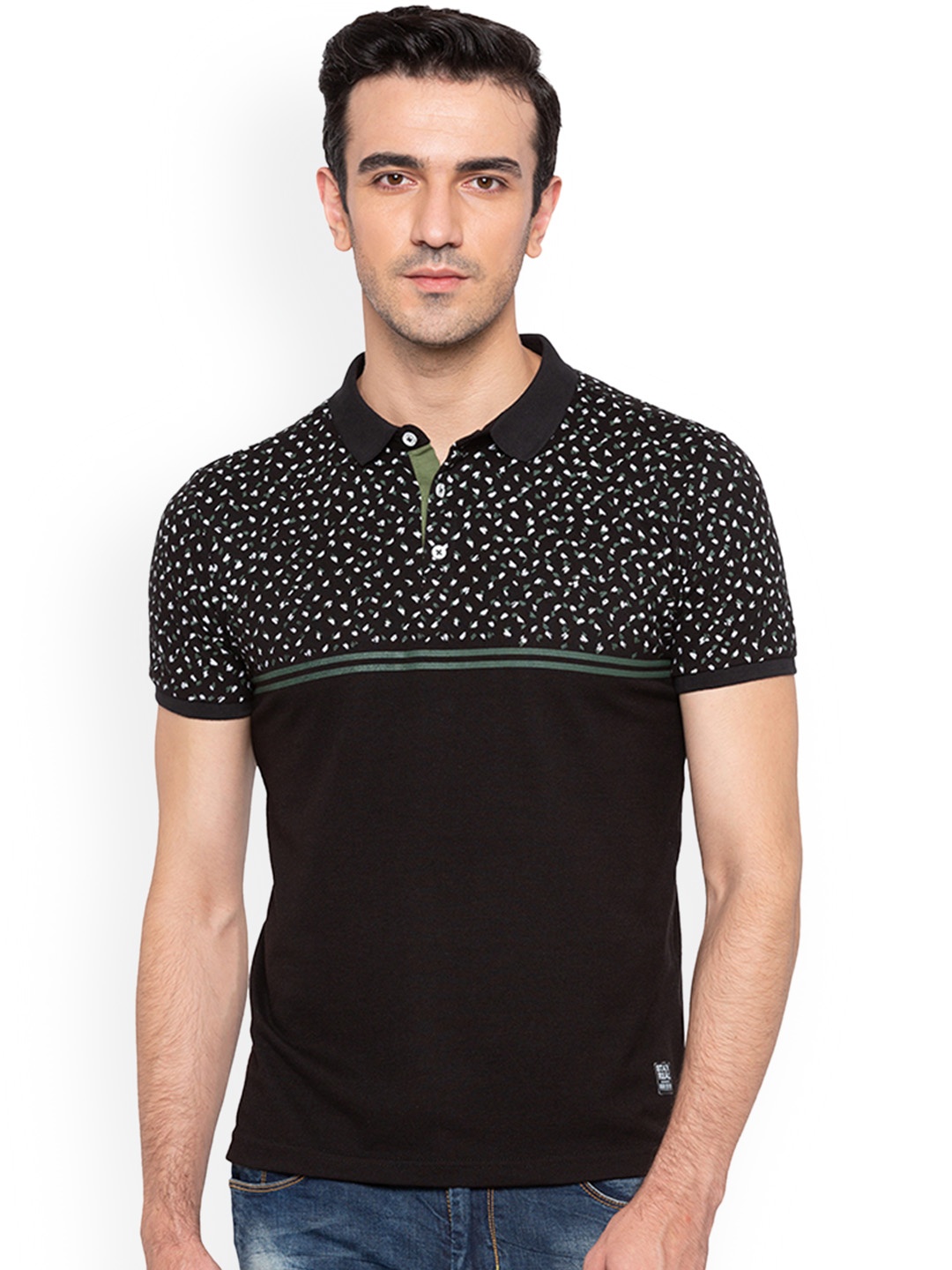 

Status Quo Men Black Slim Fit Printed Polo Collar Pure Cotton T-shirt