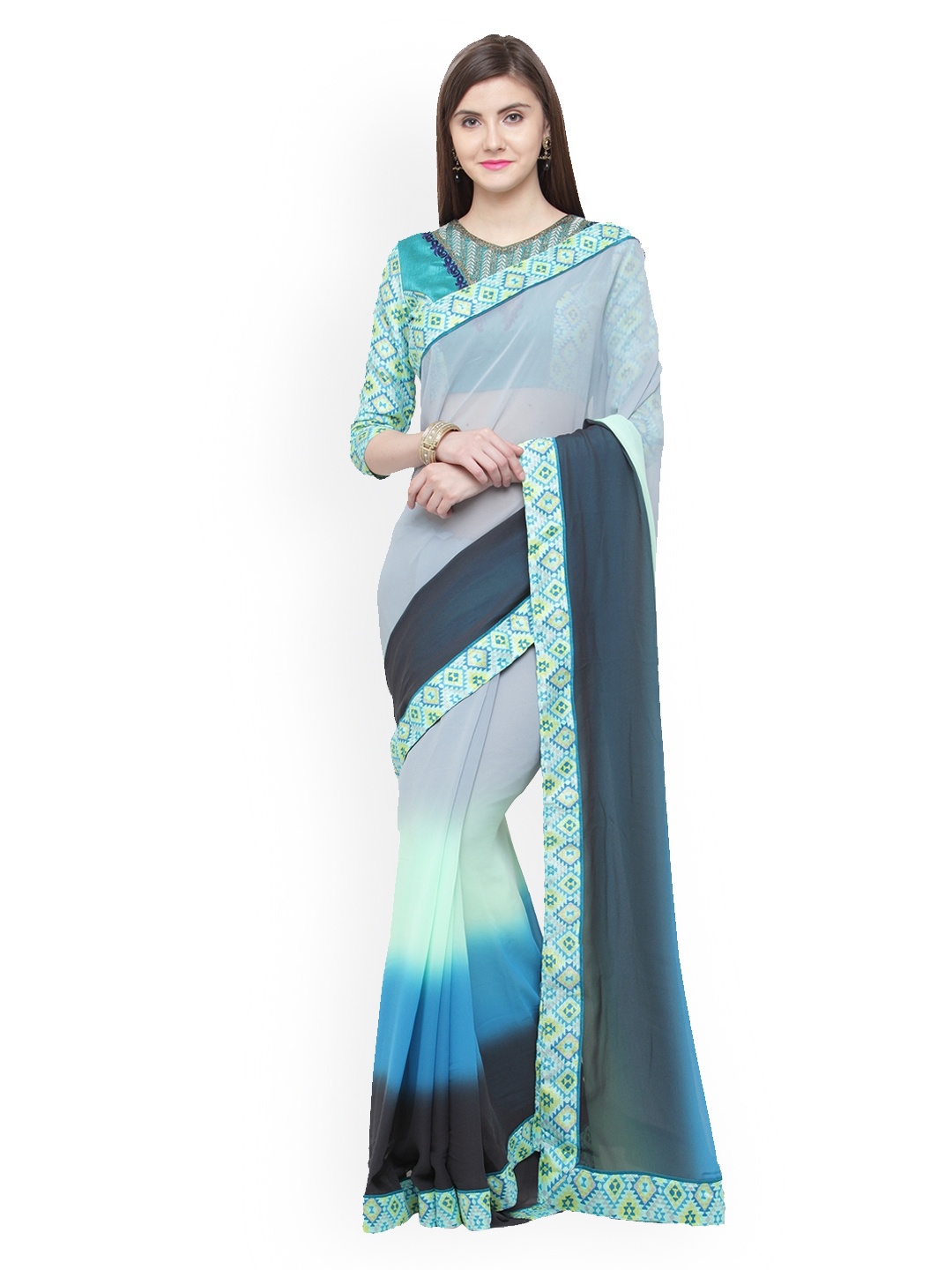 

Shaily Turquoise Blue Solid Pure Georgette Saree