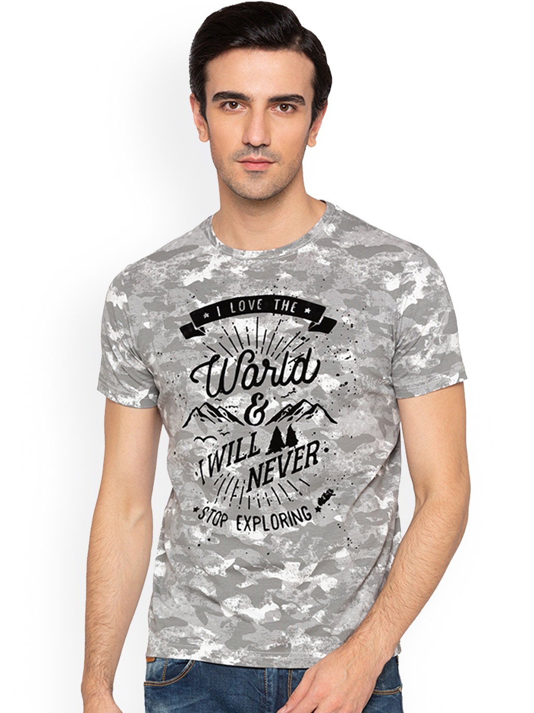 Status Quo Men Grey Printed Round Neck T-shirt