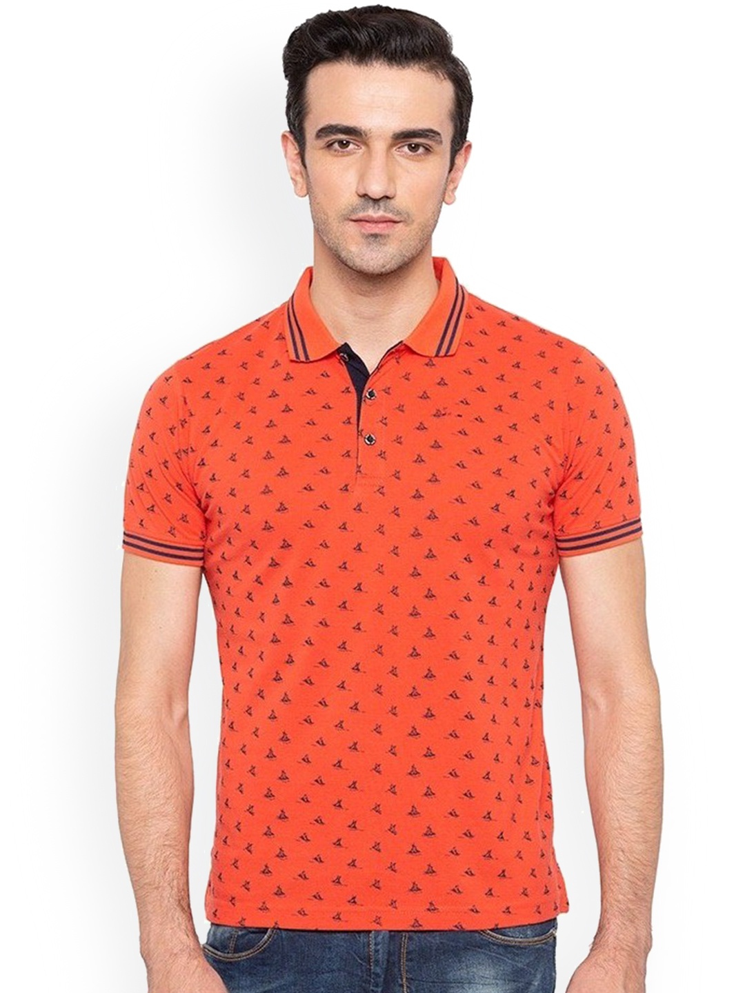 

Status Quo Men Orange Printed Slim Fit Polo Collar Pure Cotton T-shirt