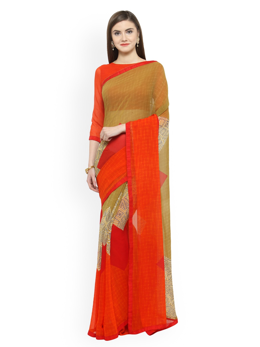 

Shaily Beige & Orange Pure Georgette Printed Saree