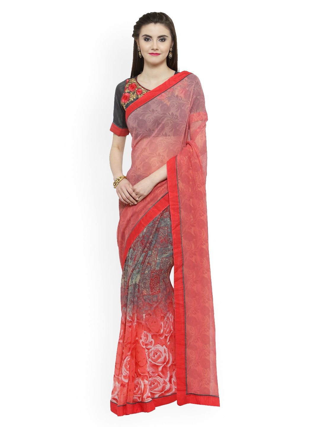 

Shaily Peach-Coloured & Red Pure Georgette Printed Saree