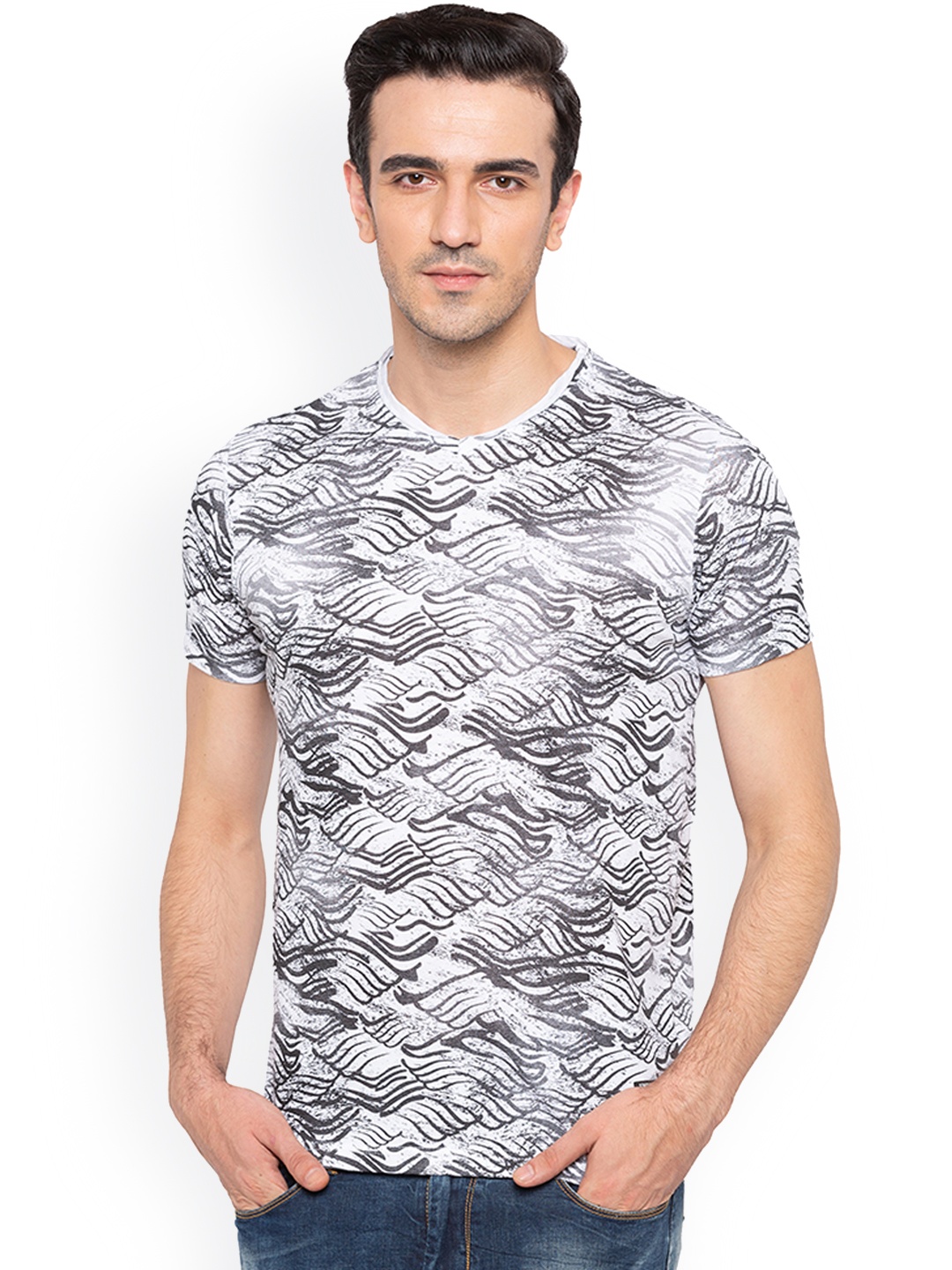 

Status Quo Men White Printed V-Neck Pure Cotton T-shirt
