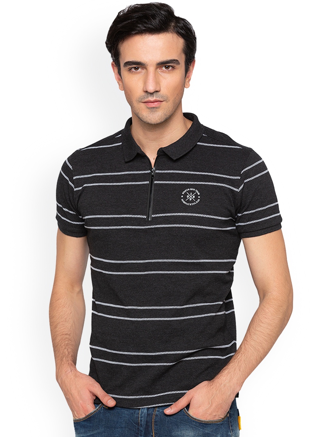 

Status Quo Men Charcoal Striped Polo Collar Slim Fit Pure Cotton T-shirt