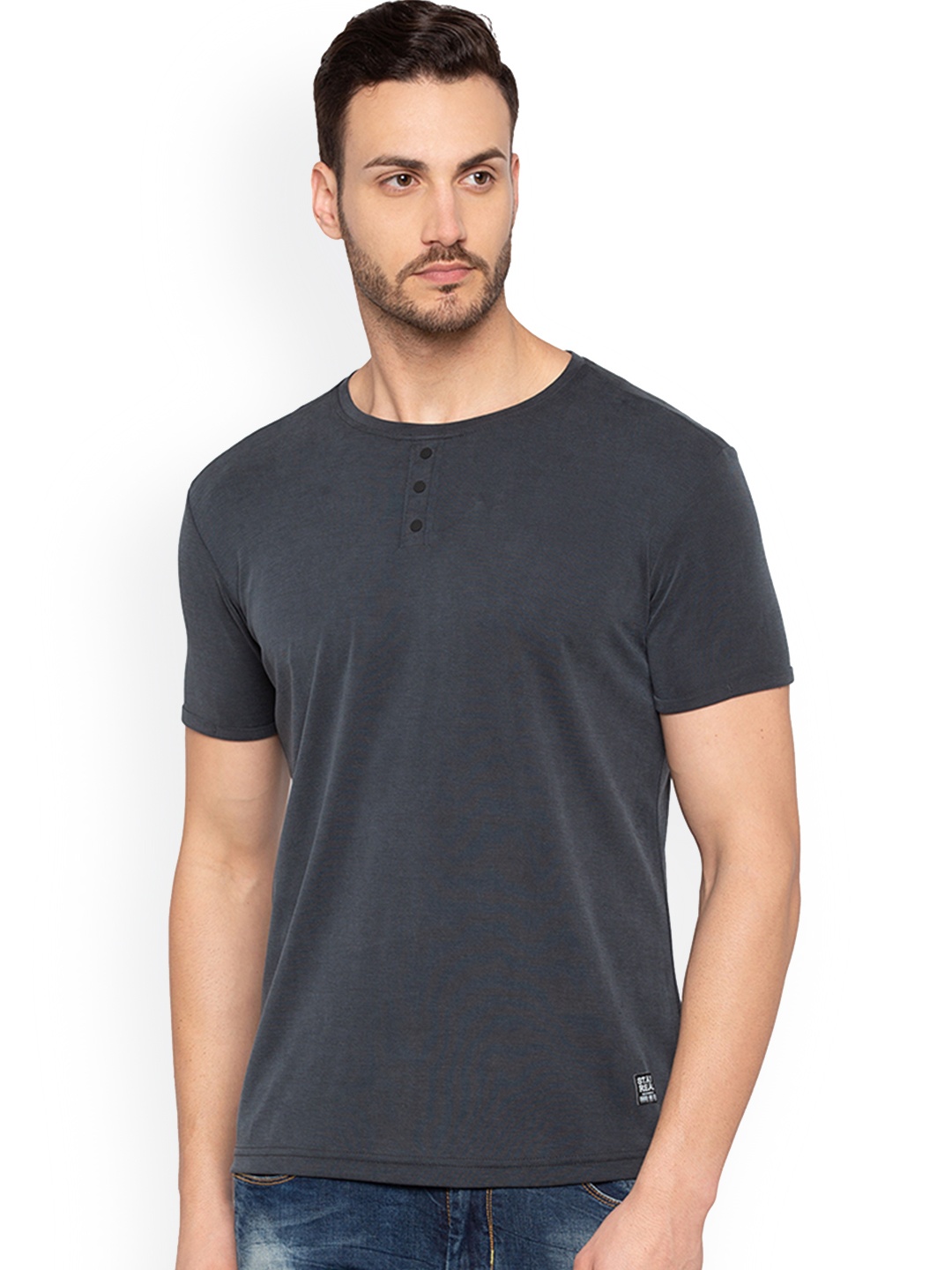 

Status Quo Men Blue Solid Round Neck Pure Cotton T-shirt