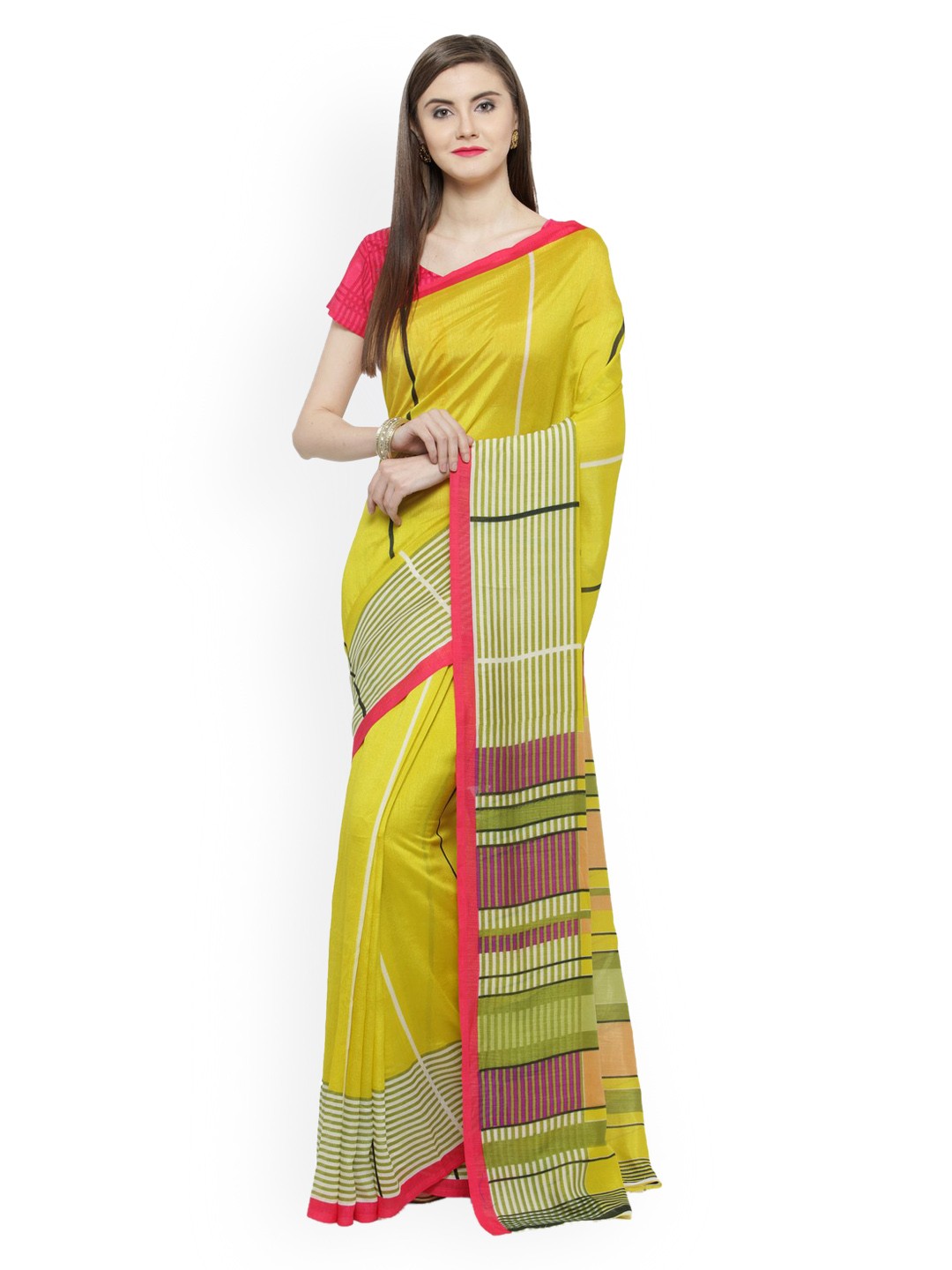 

Shaily Yellow & Green Silk Cotton Printed Saree