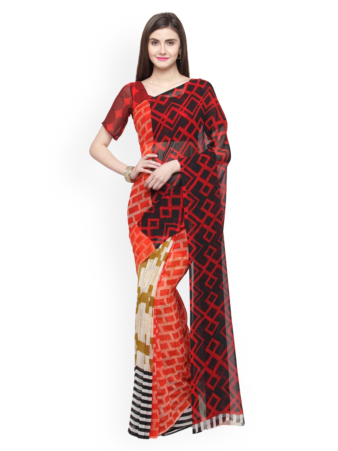 

Shaily Orange & Black Pure Georgette Printed Saree
