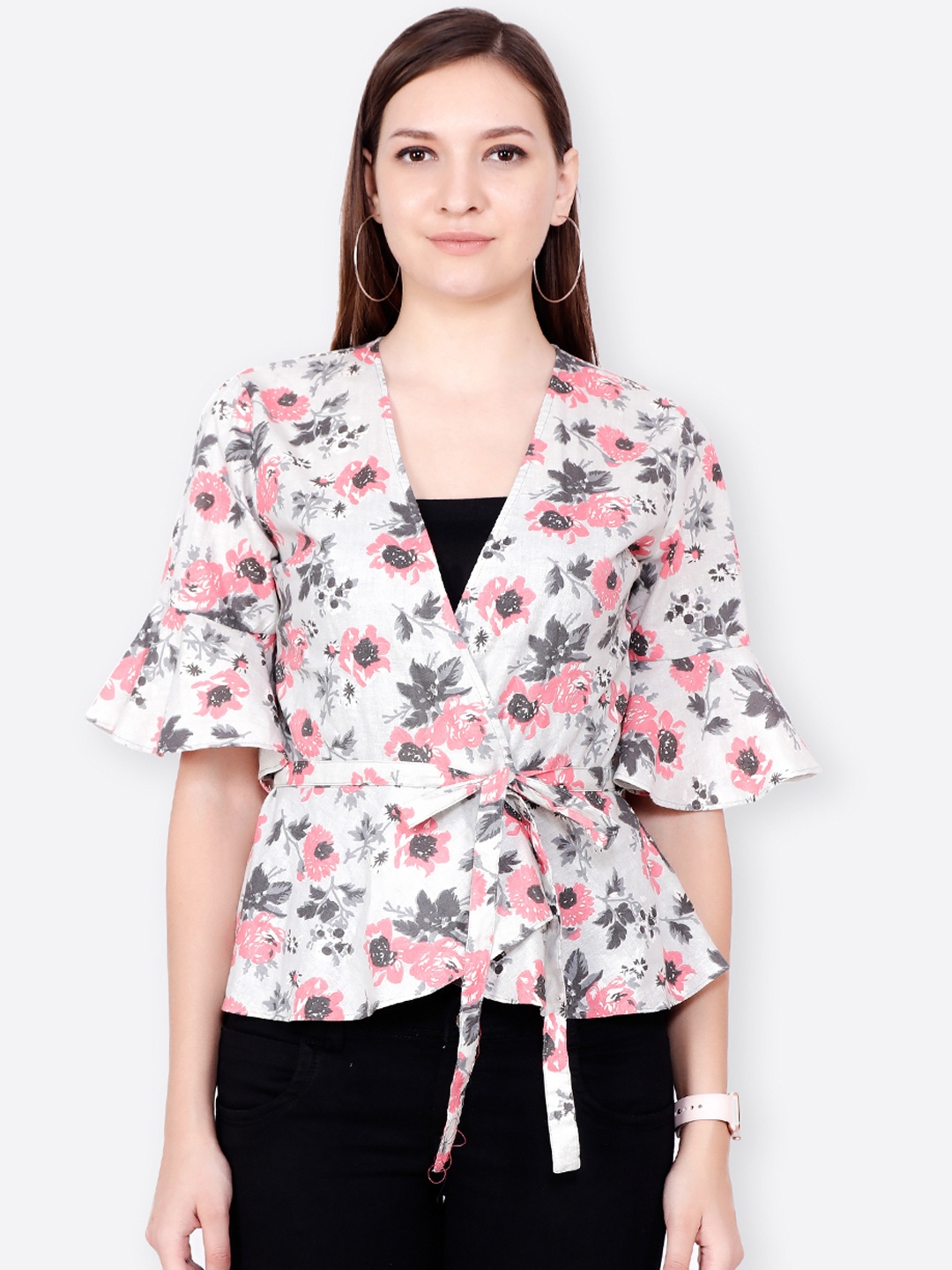 

Cation Women Grey Printed Wrap Top