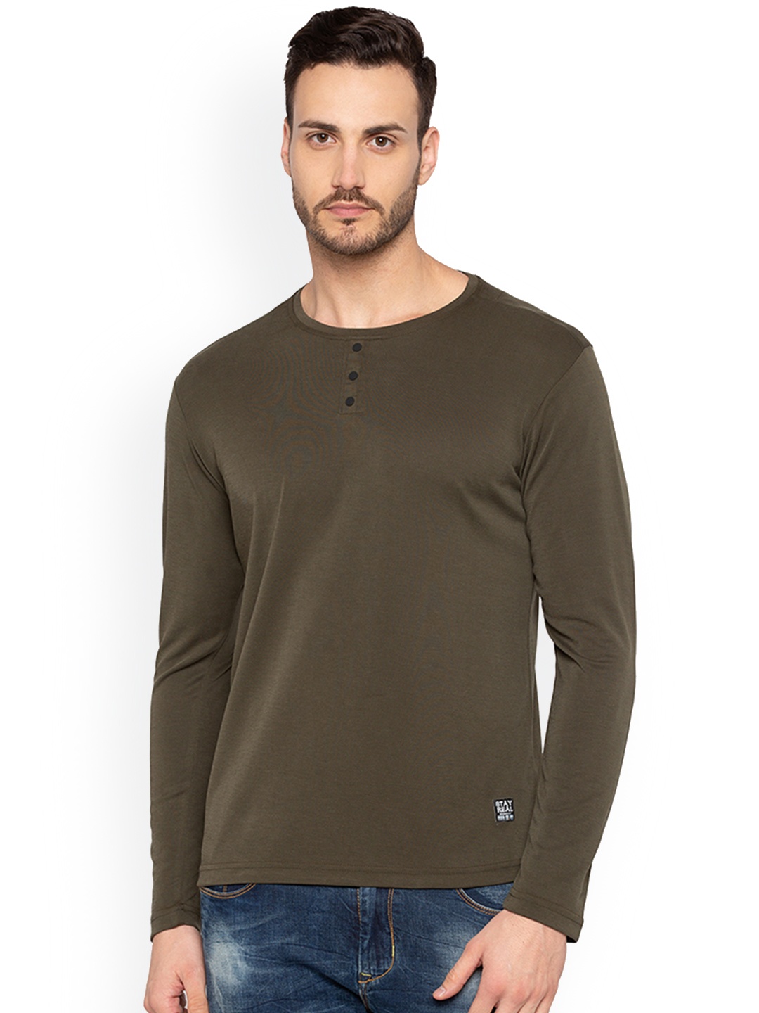 

Status Quo Men Olive Green Solid Round Neck Pure Cotton T-shirt