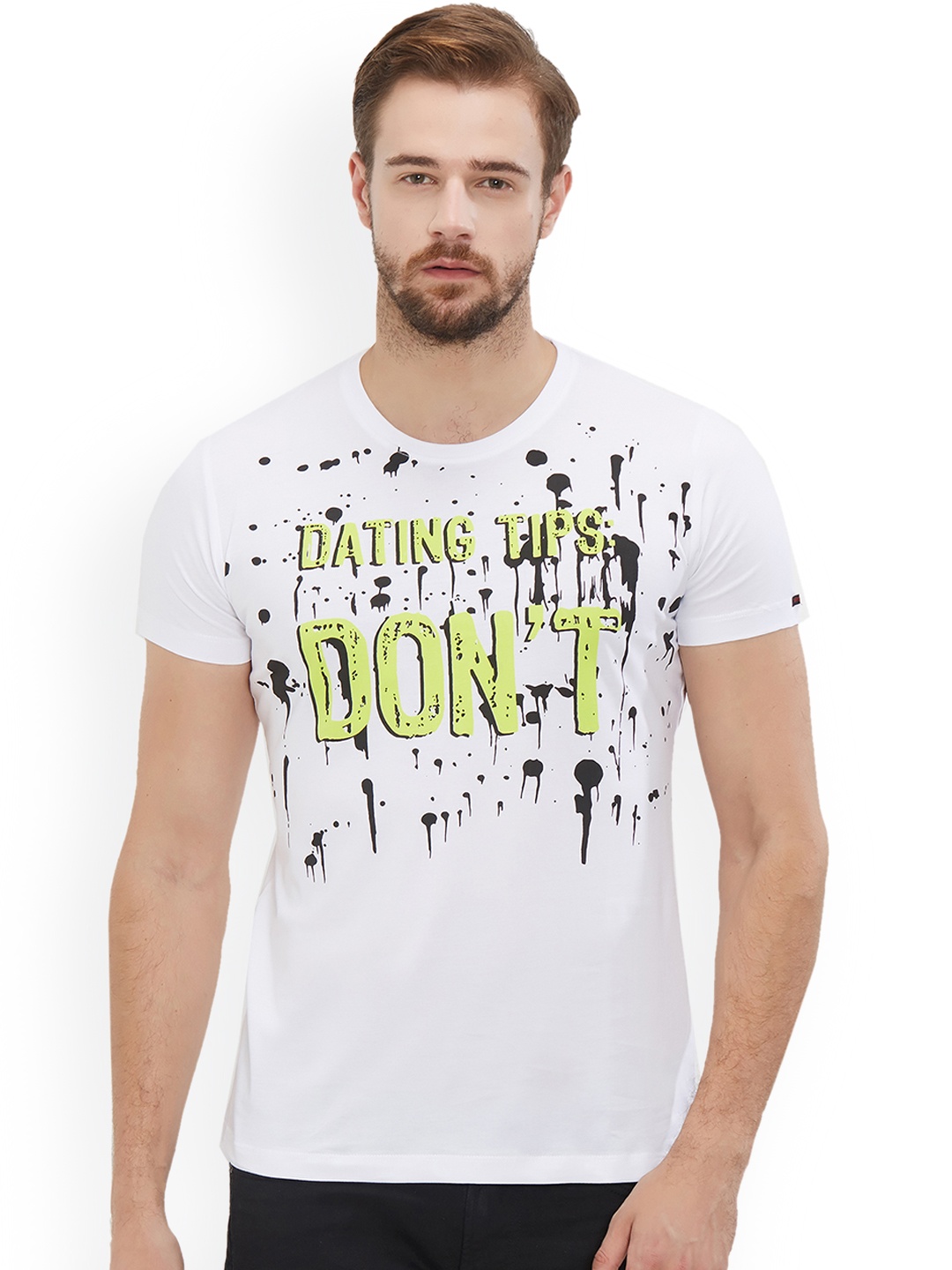 

Status Quo Men White Printed Slim Fit Round Neck Pure Cotton T-shirt