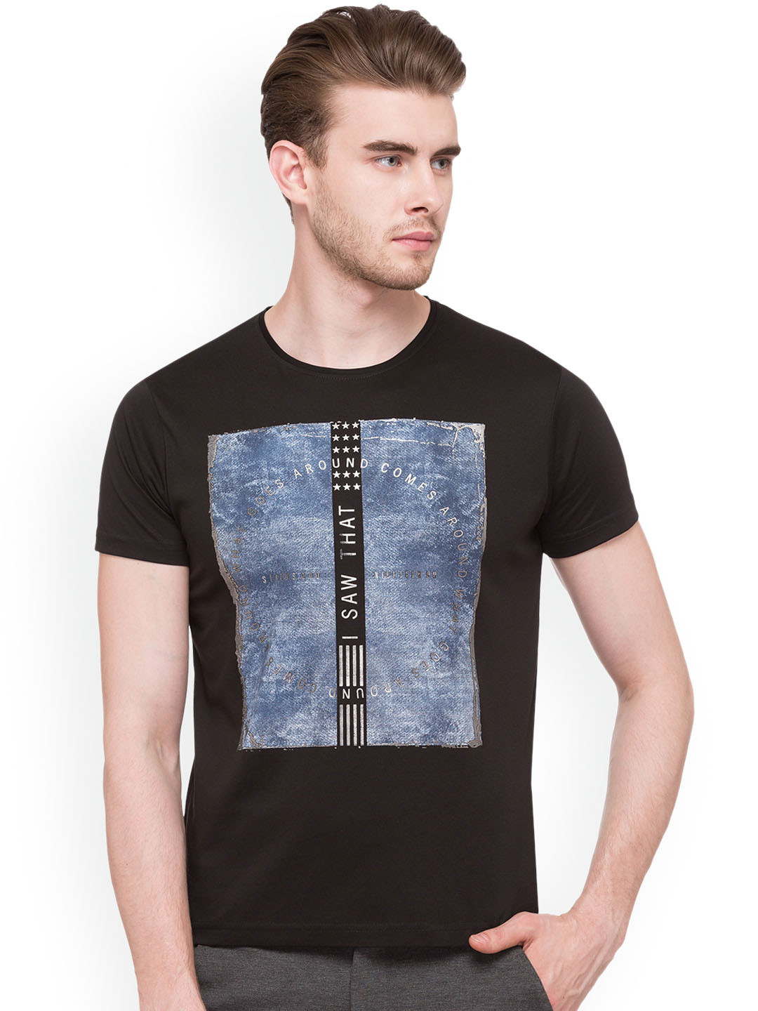 

Status Quo Men Black Printed Slim Fit Round Neck Pure Cotton T-shirt