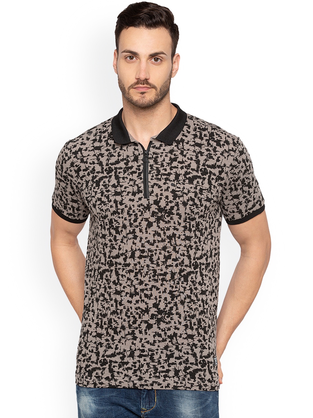 

Status Quo Men Grey Printed Polo Collar T-shirt