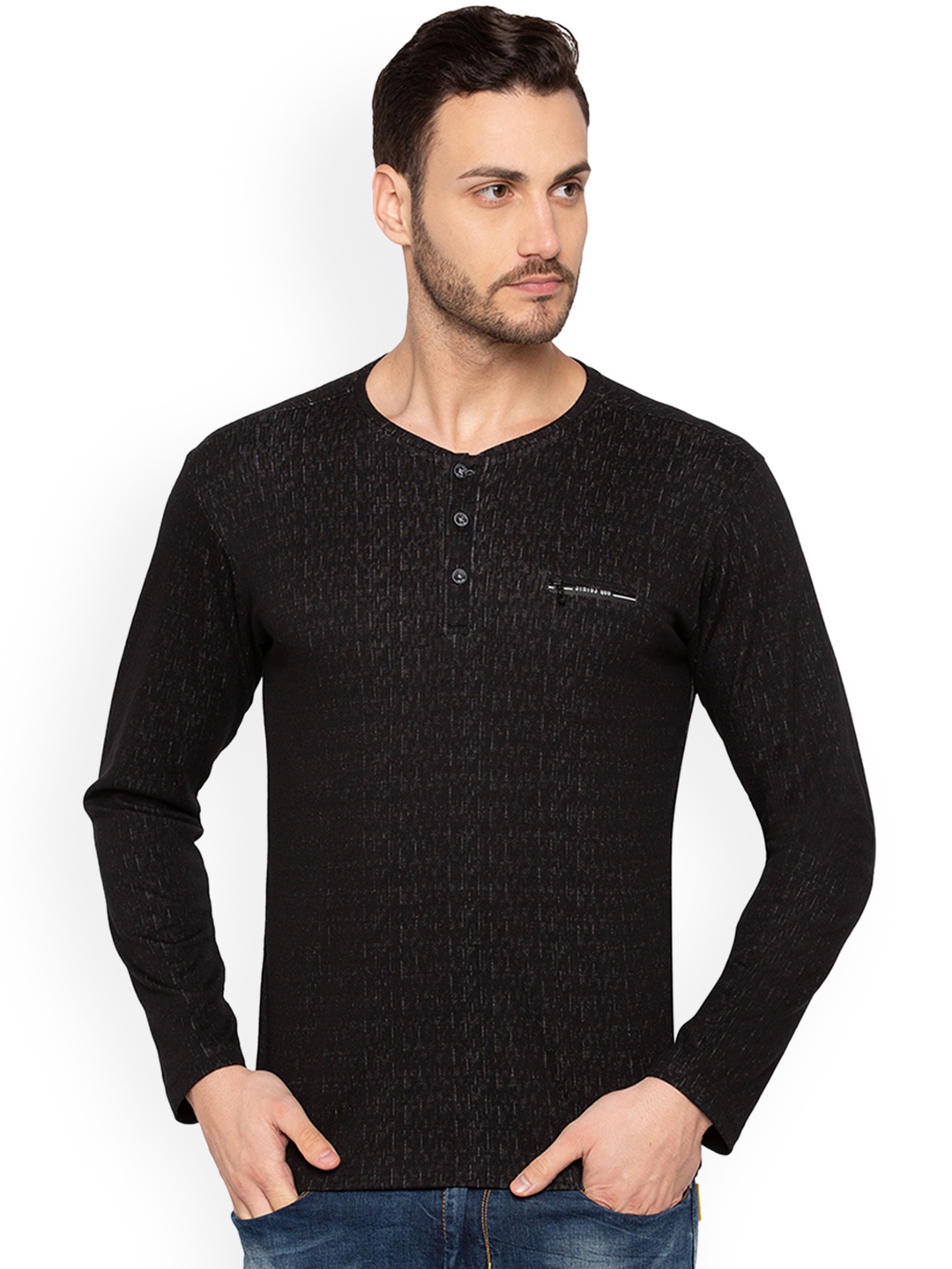 

Status Quo Men Black Printed Henley Neck Slim Fit Pure Cotton T-shirt