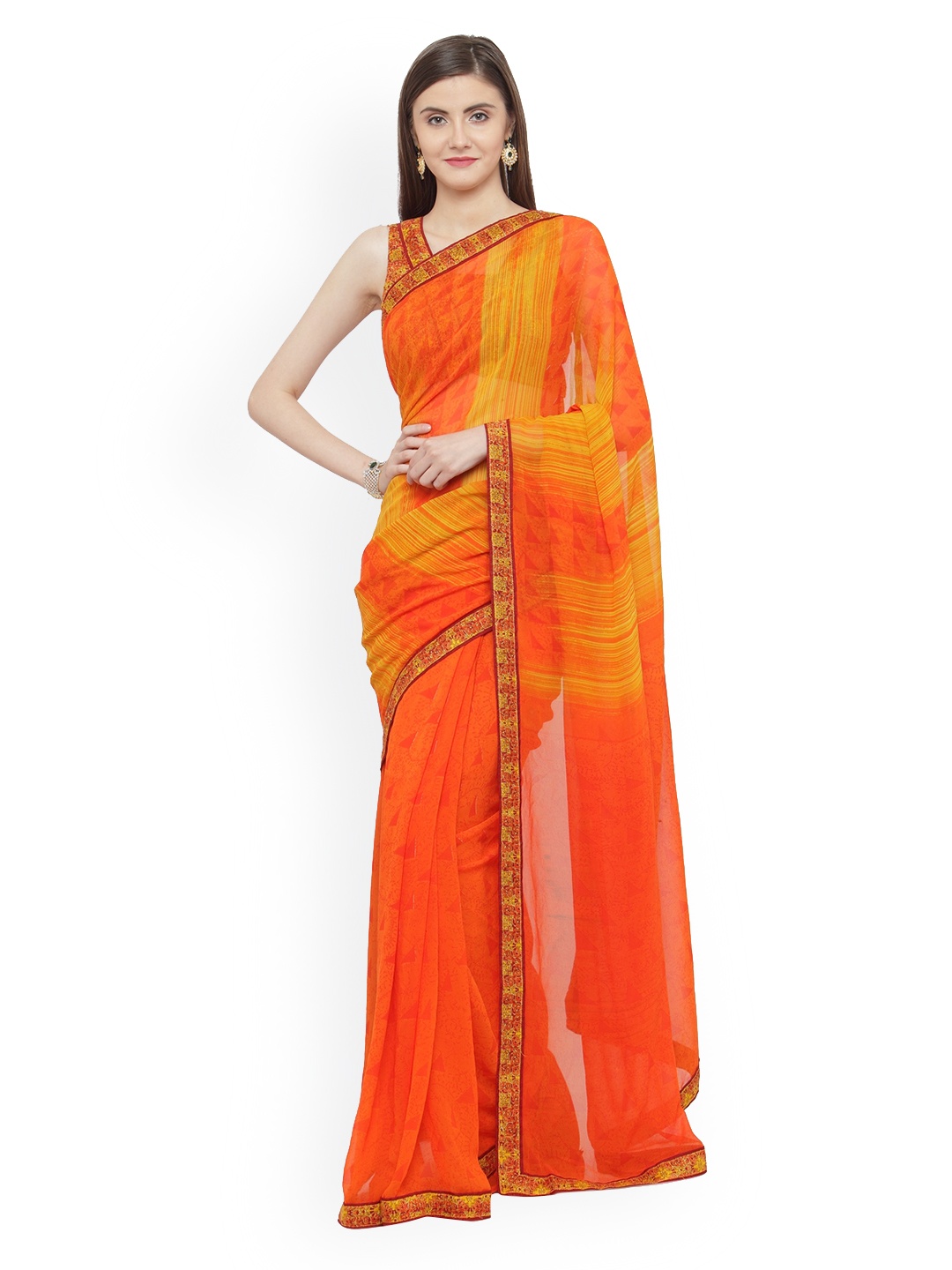 

Shaily Orange Printed Pure Georgette Saree
