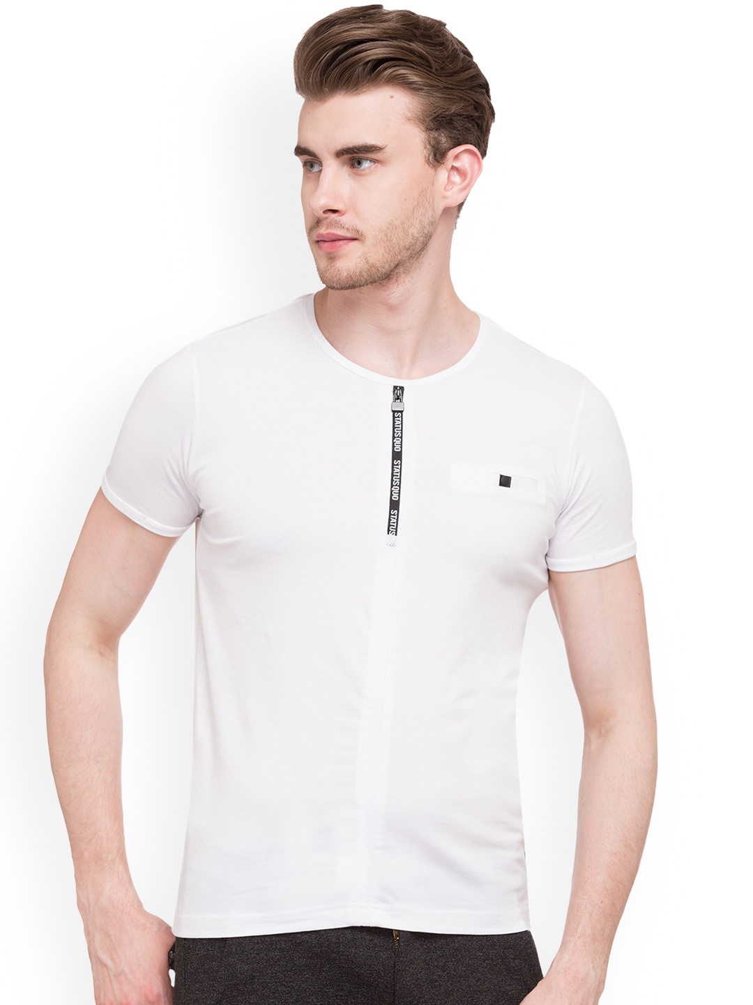 

Status Quo Men White Solid Round Neck Slim Fit Pure Cotton T-shirt