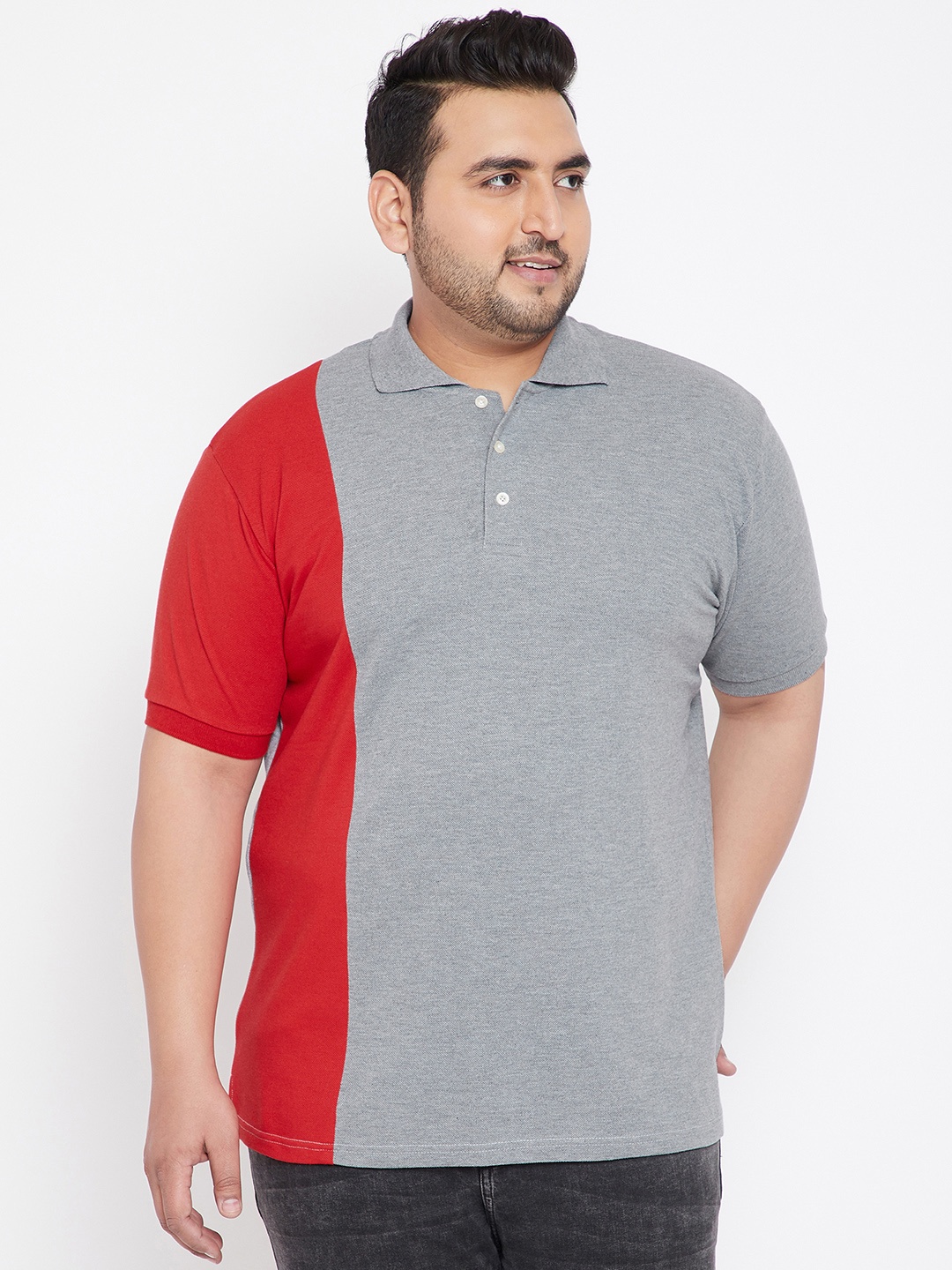 

bigbanana Plus Size Men Grey Colourblocked Polo Collar T-shirt