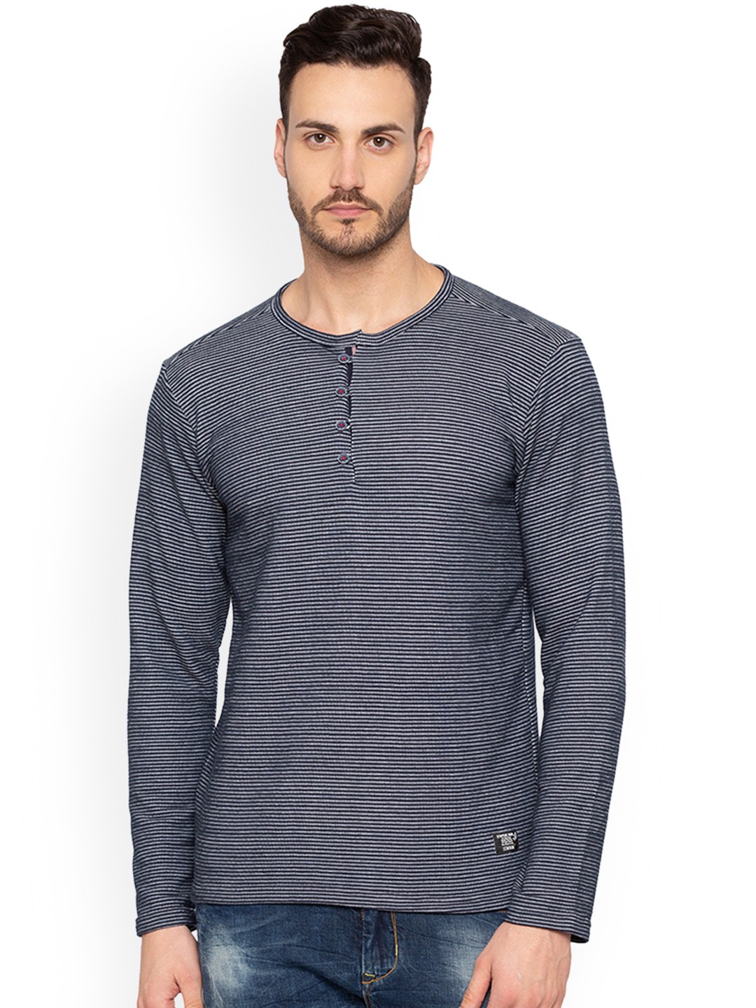 

Status Quo Men Navy Blue Striped Henley Neck Pure Cotton T-shirt