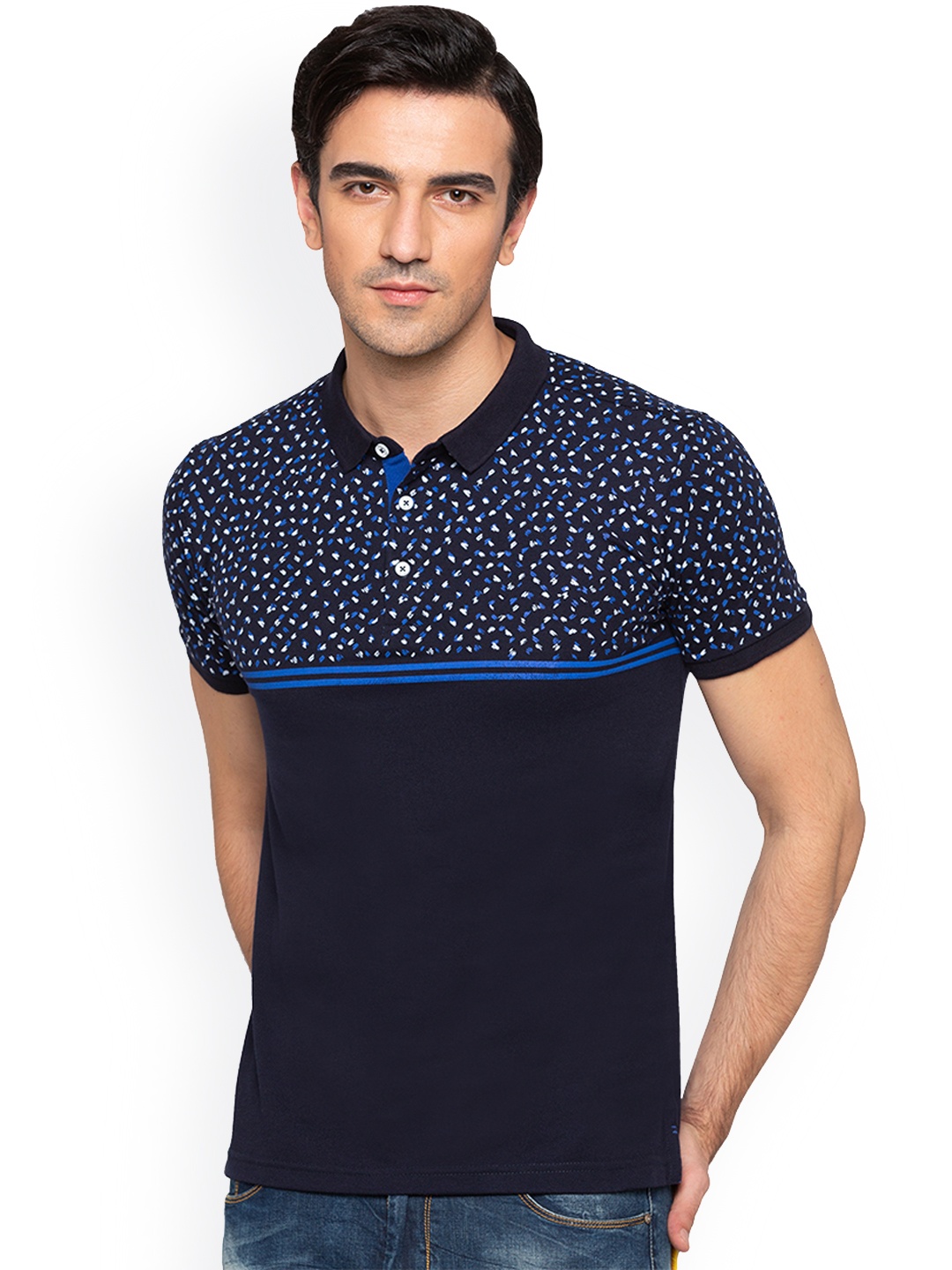 

Status Quo Men Navy Blue Printed Polo Collar Pure Cotton T-shirt
