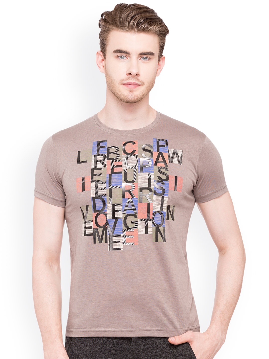 

Status Quo Men Taupe Printed Round Neck T-shirt