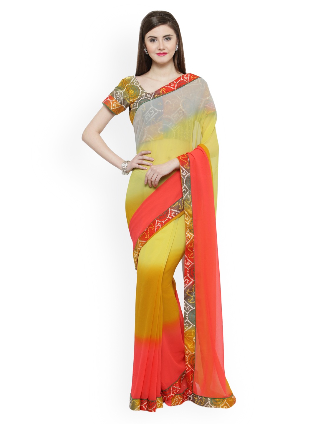 

Shaily Pink & Yellow Pure Georgette Colourblocked Saree