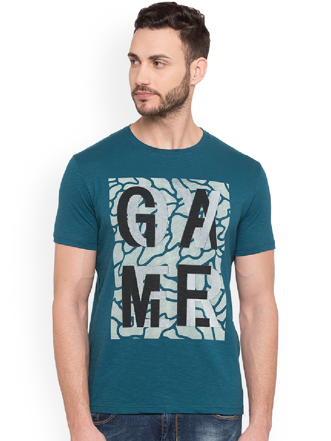 

Status Quo Men Teal Blue Printed Slim Fit Round Neck Pure Cotton T-shirt