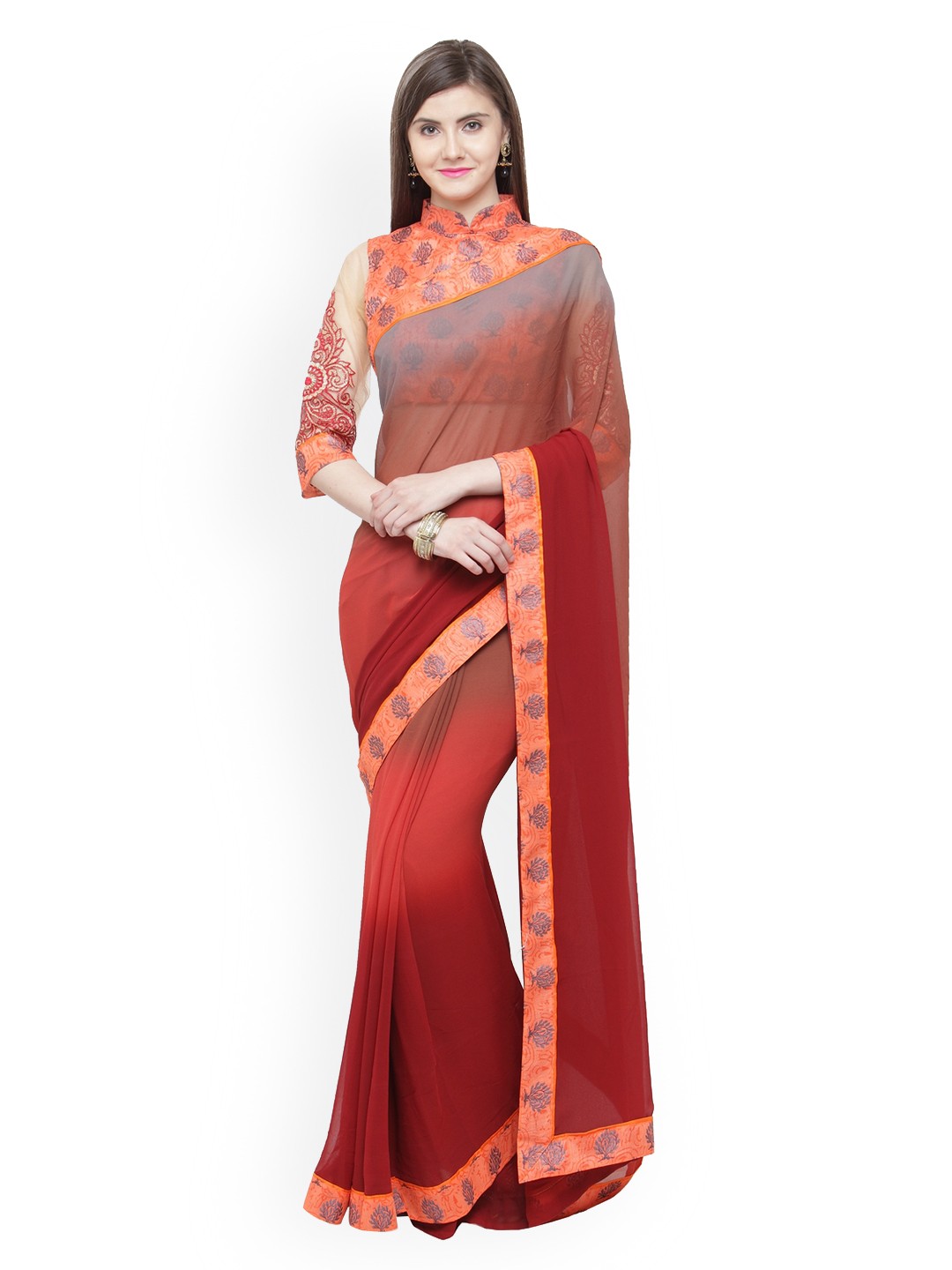 

Shaily Maroon Solid Pure Georgette Saree