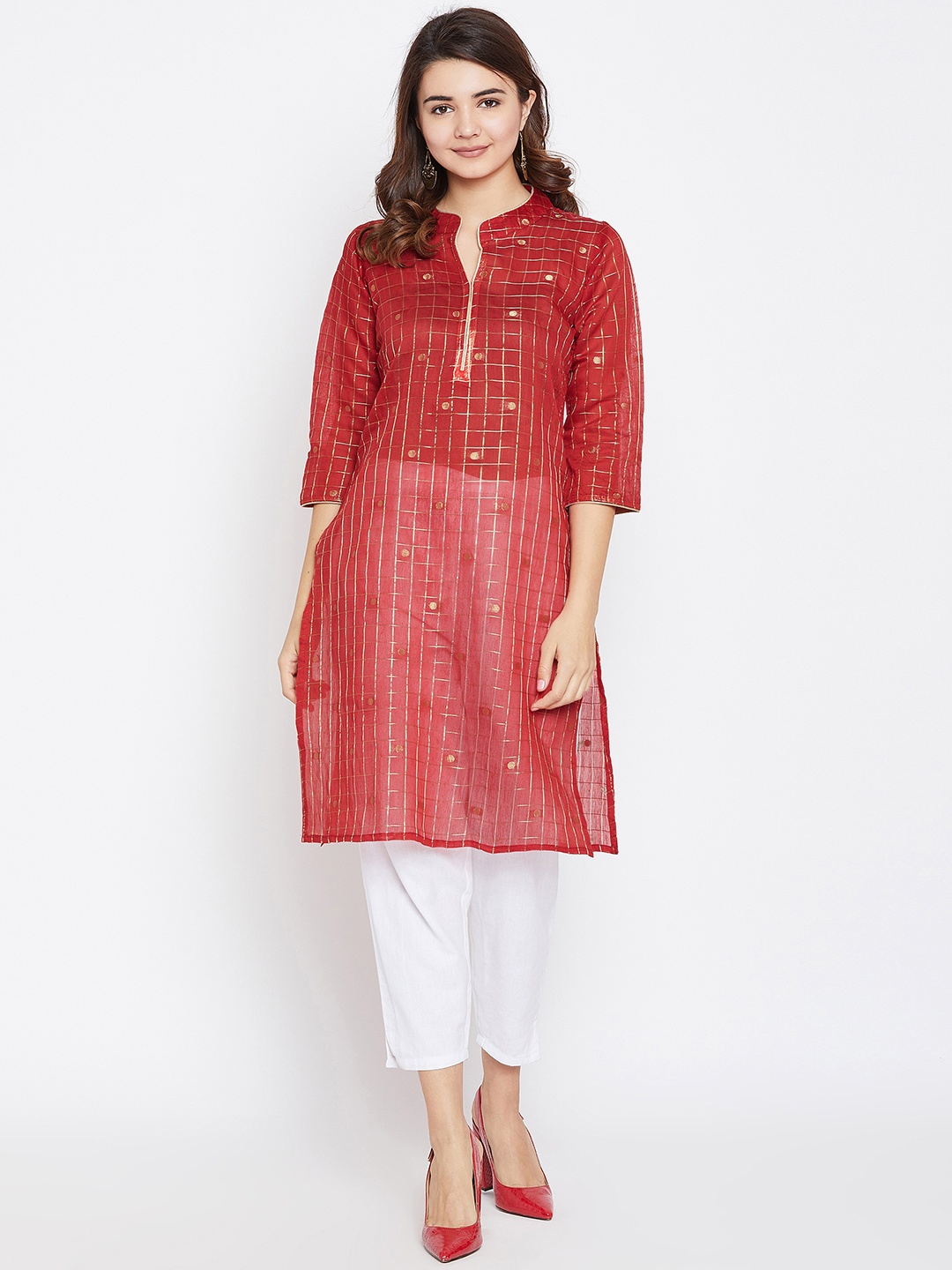 

AgrohA Women Red Checked Straight Kurta