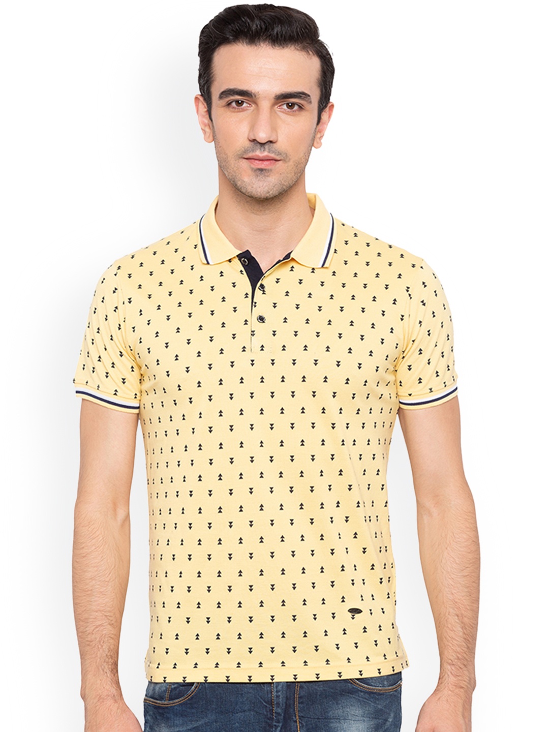 

Status Quo Men Yellow Printed Polo Collar Pure Cotton T-shirt
