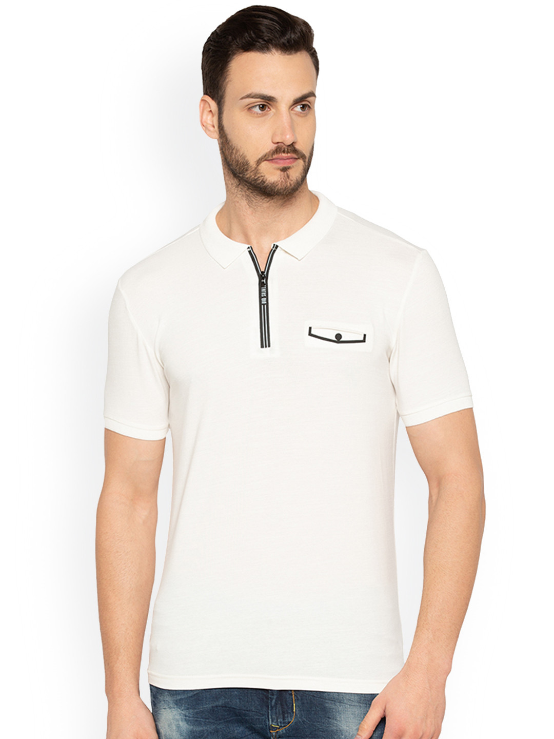 

Status Quo Men Off-White Solid Polo Collar Pure Cotton T-shirt