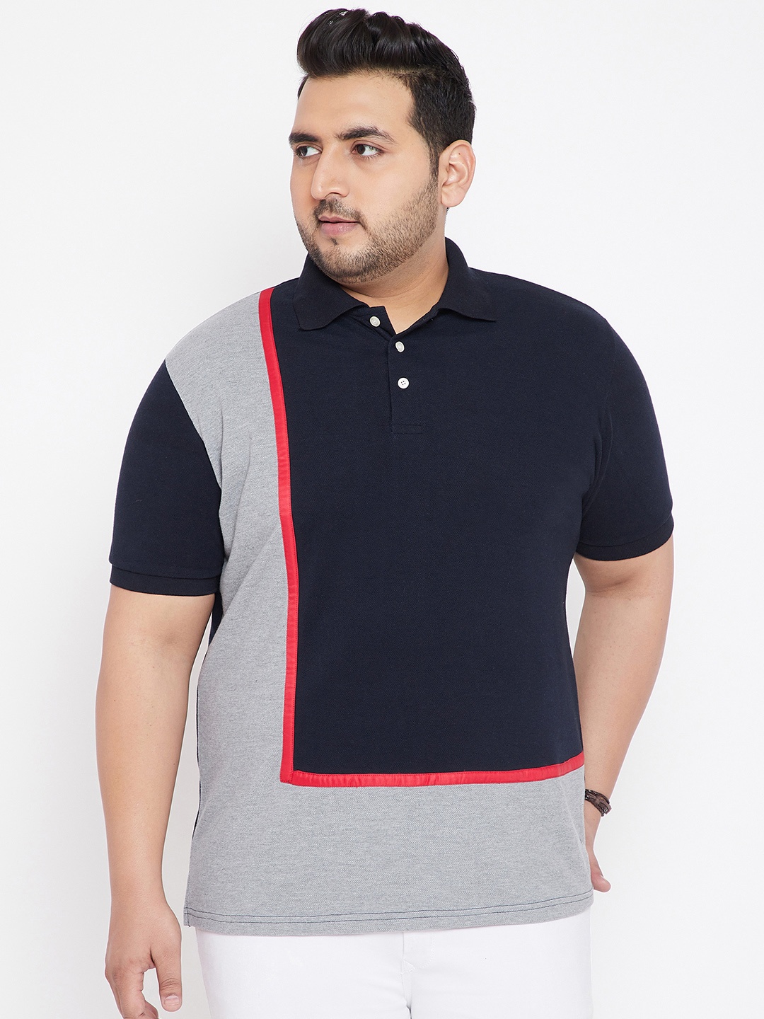 

bigbanana Plus Size Men Navy Blue Grey Colourblocked Polo Collar Pure Cotton T-shirt