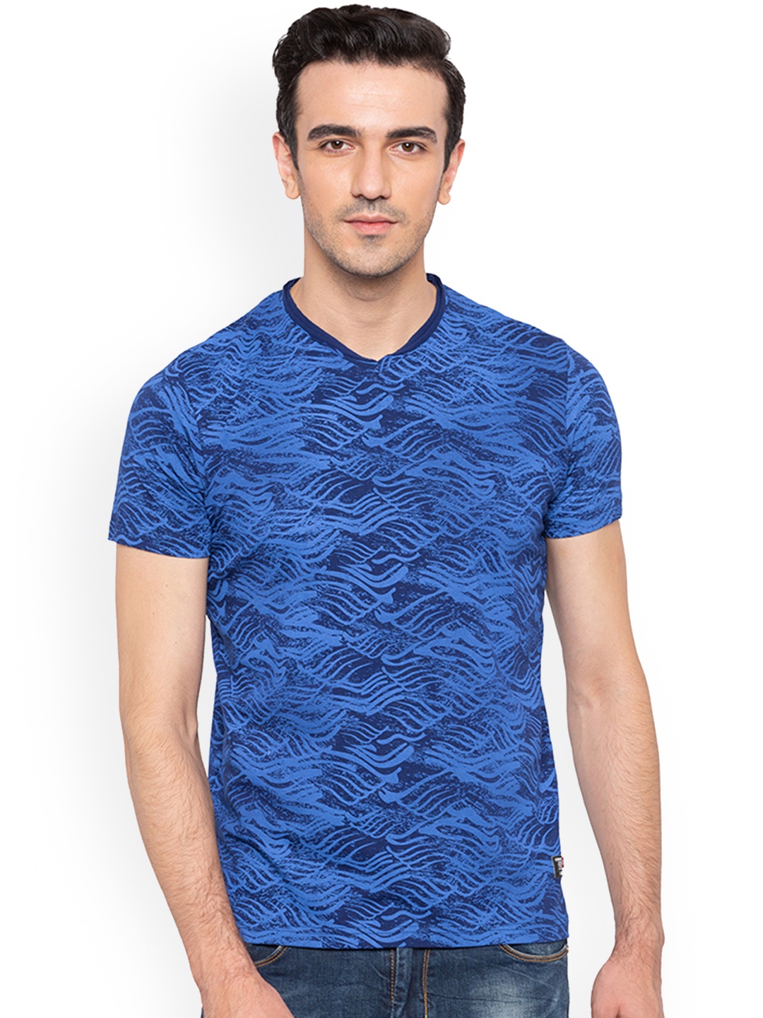 Status Quo Men Blue Printed V-Neck Pure Cotton T-shirt